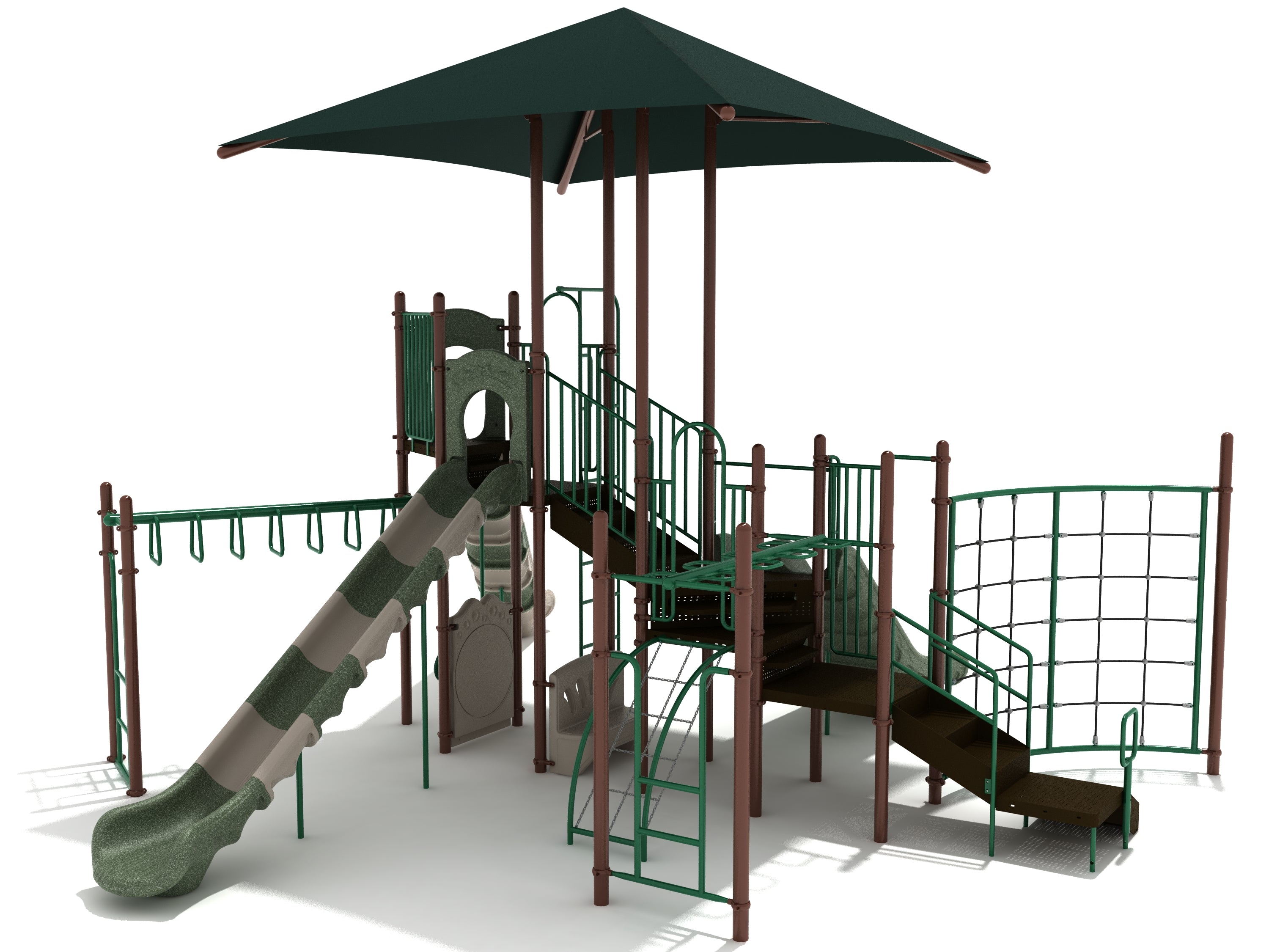 Modern playground with green and brown climbing structures, twisty slide, overhead ladder, and integrated shade canopy