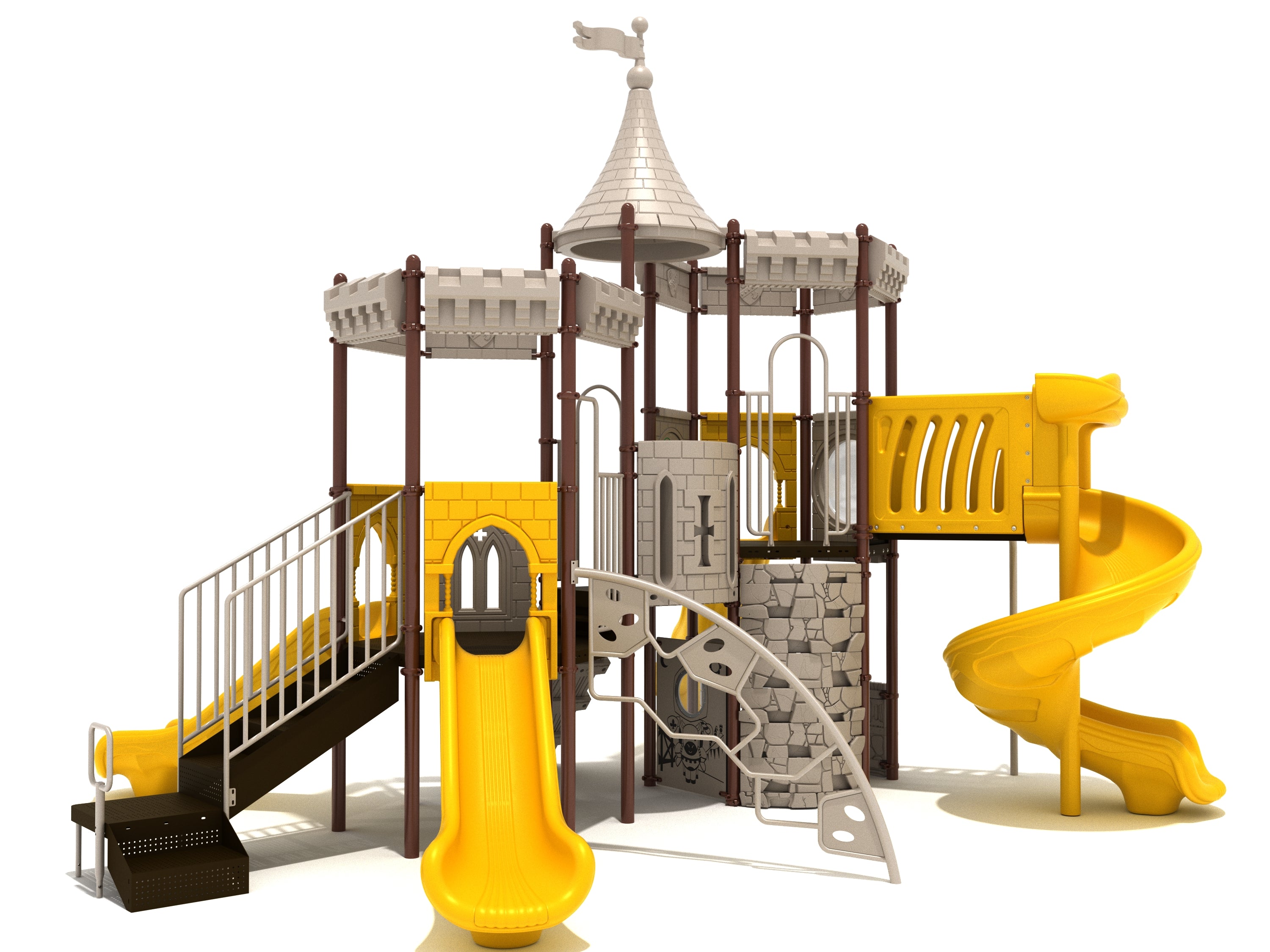 High King's Hold Castle Playground with tan turret roofs, yellow slides, rock wall climber, crenelated panels, and medieval play features