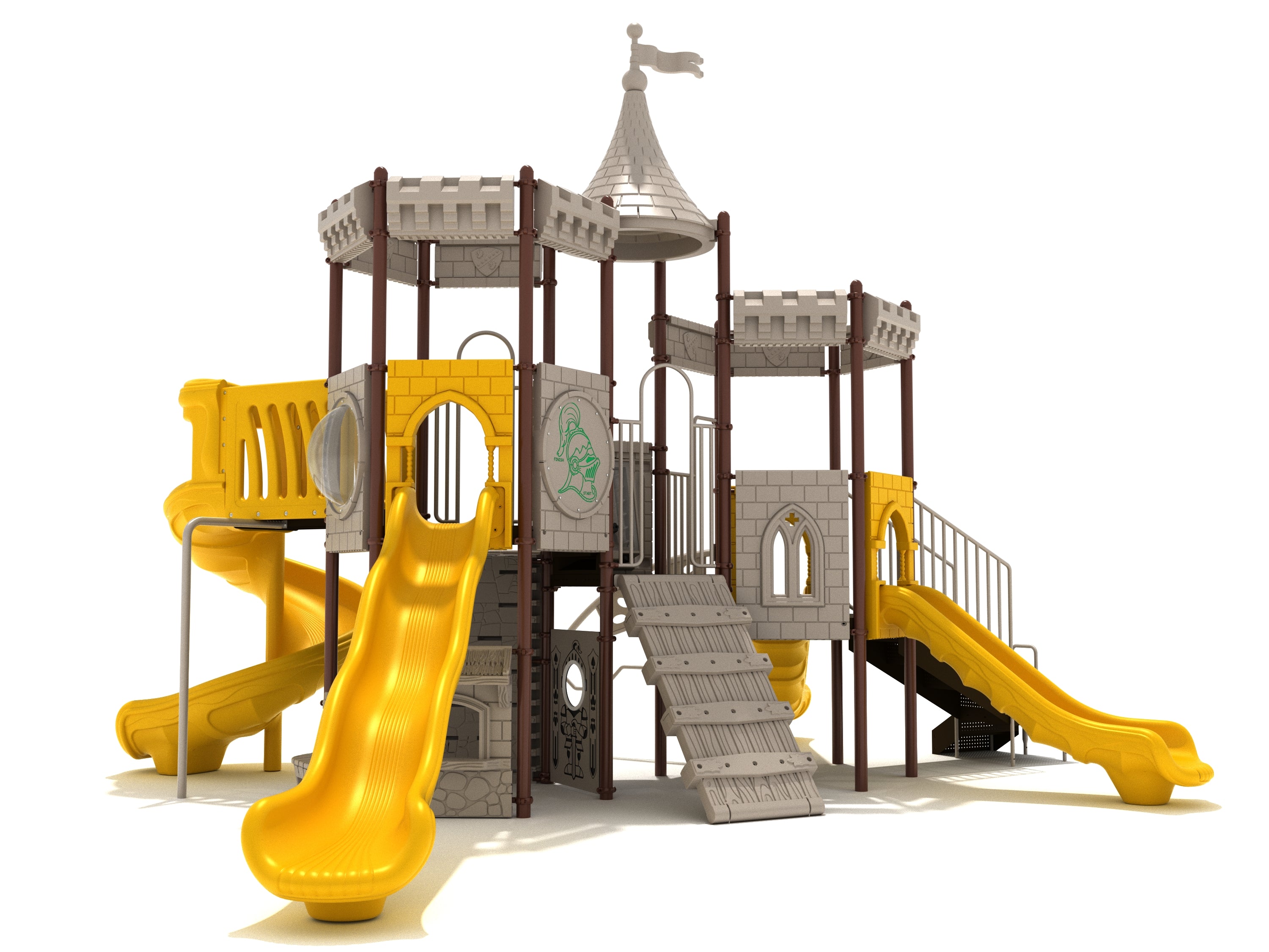 Castle-themed playground with turret roofs, yellow slides, climbing wall, medieval panels, and interactive play features
