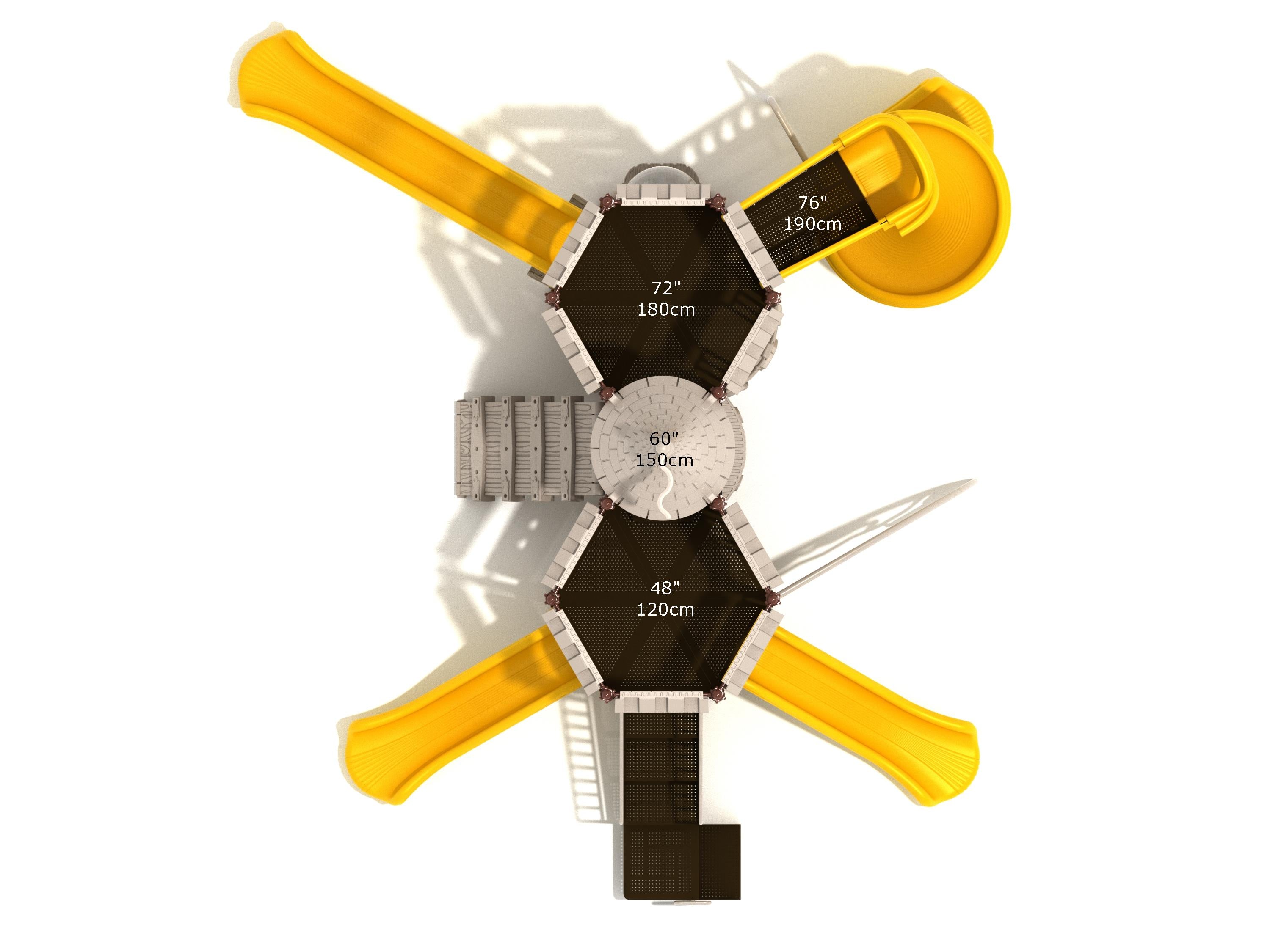 Overhead view of a large castle-themed playground with yellow slides, hexagonal platforms, and a central circular tower