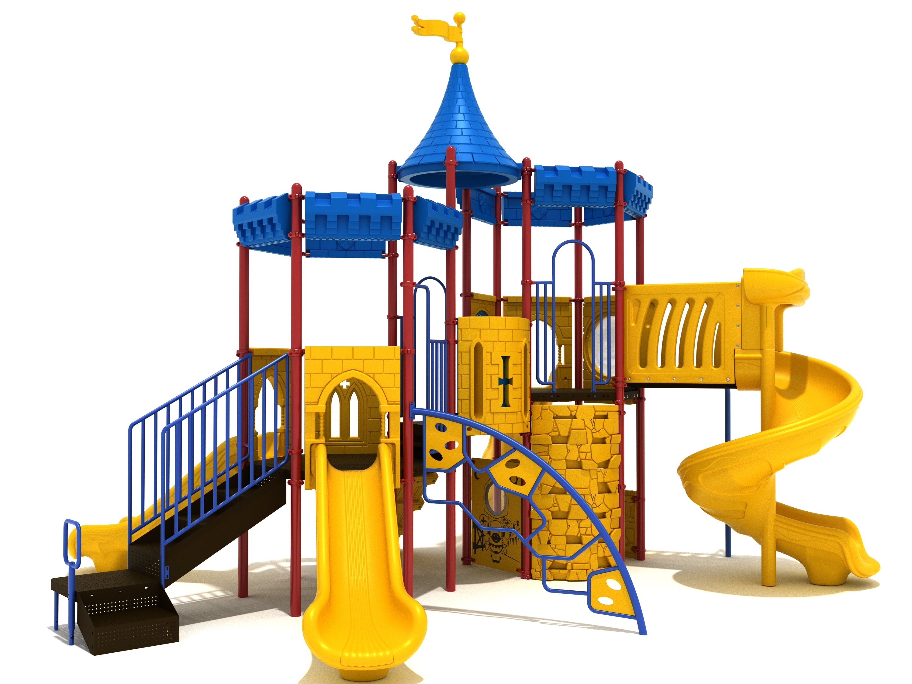 Colorful castle-themed playground with blue turrets, yellow slides, climbing wall, spiral slide, and medieval-style panels