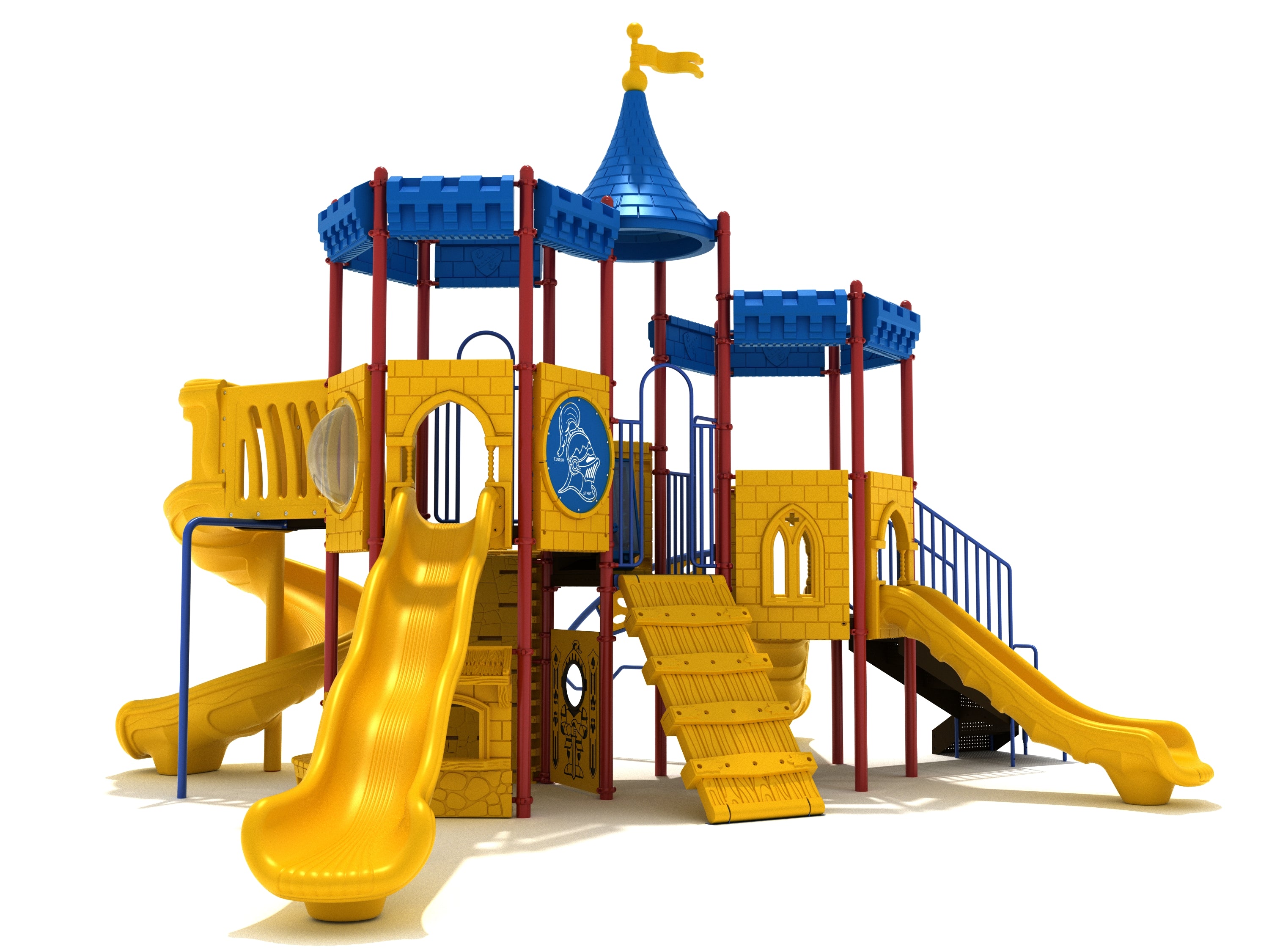 Colorful castle-themed playground with yellow slides, climbing wall, blue turret roofs, crenelated panels, and medieval-style play features
