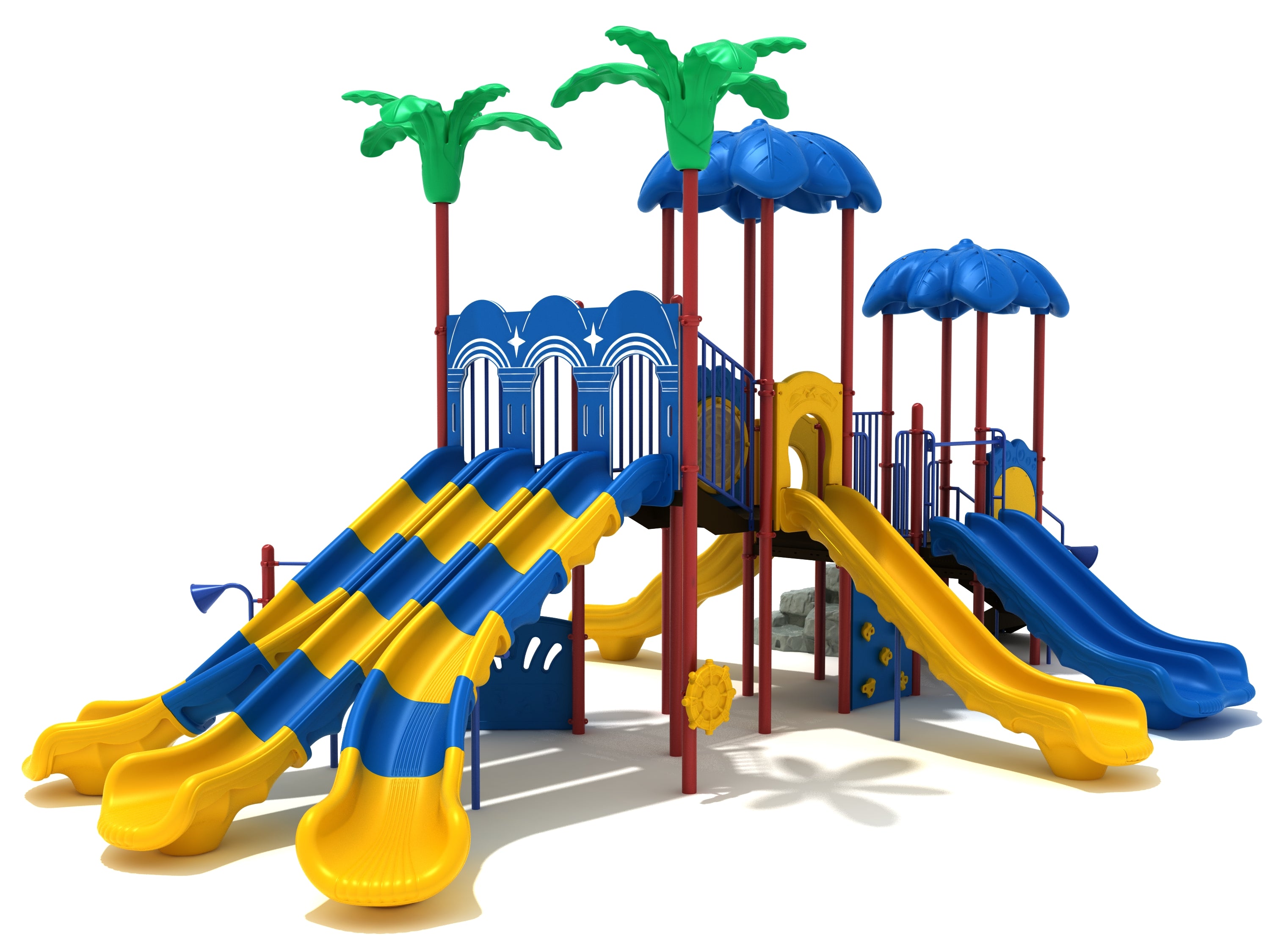 Land Crab Loop Playground with tropical palm shade, blue and yellow triple wave and side slides, climber, activity panel, and transfer station