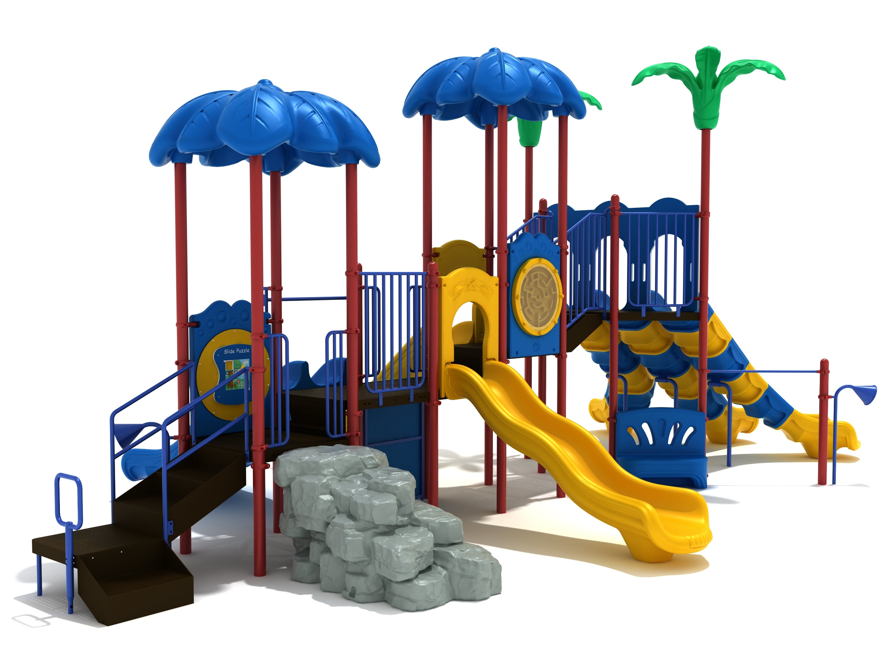 Tropical commercial playground with palm canopies, curvy yellow slide, wave climber, panels, ramp, ADA transfer station