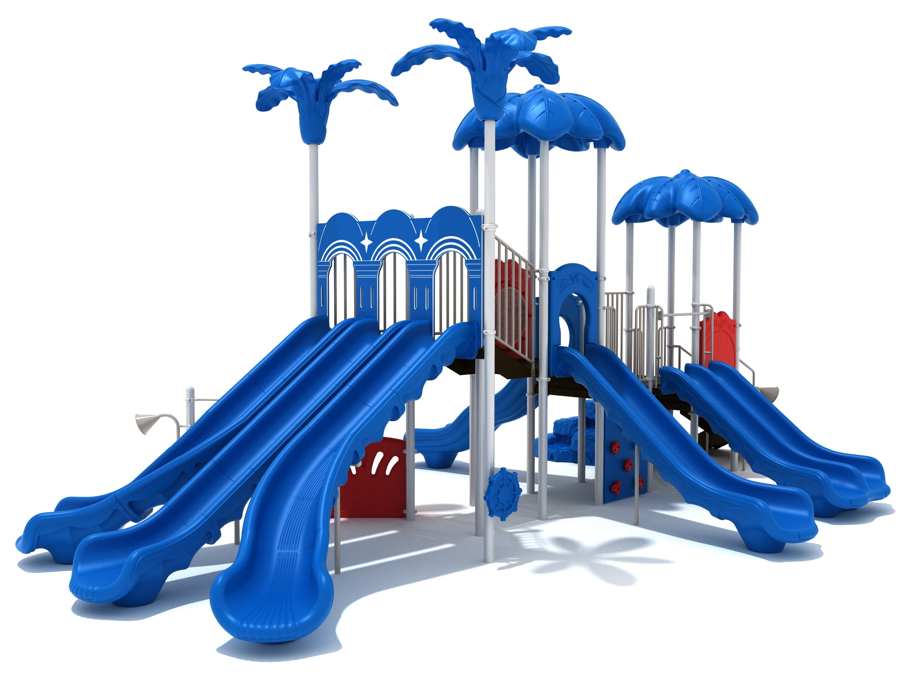 Commercial playground with tropical palm shade canopies, multiple blue slides, climber, and activity panels on raised decks.