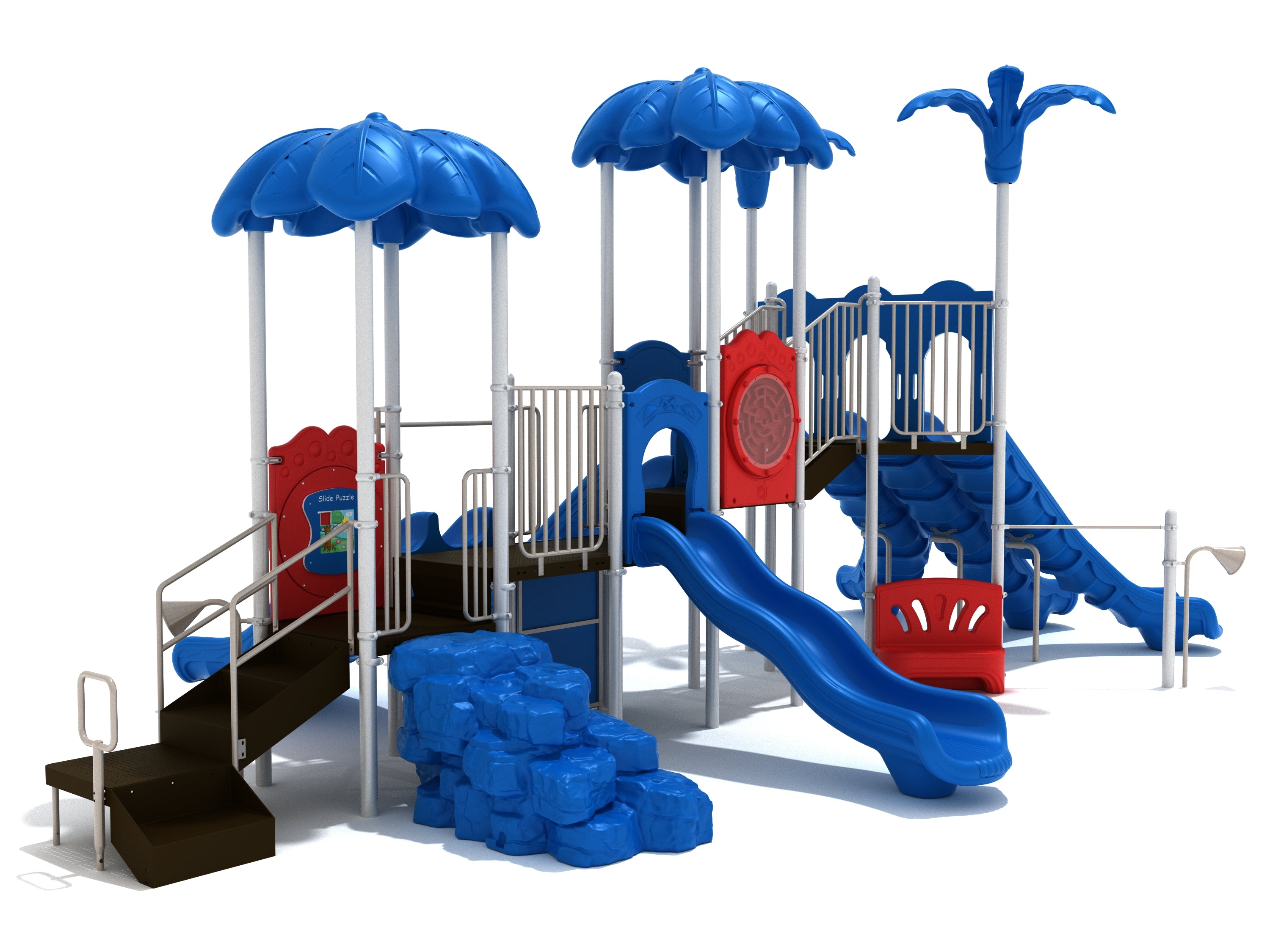 Tropical commercial playground with palm canopies, wave slide, curvy climber, activity panel, inclusive transfer station