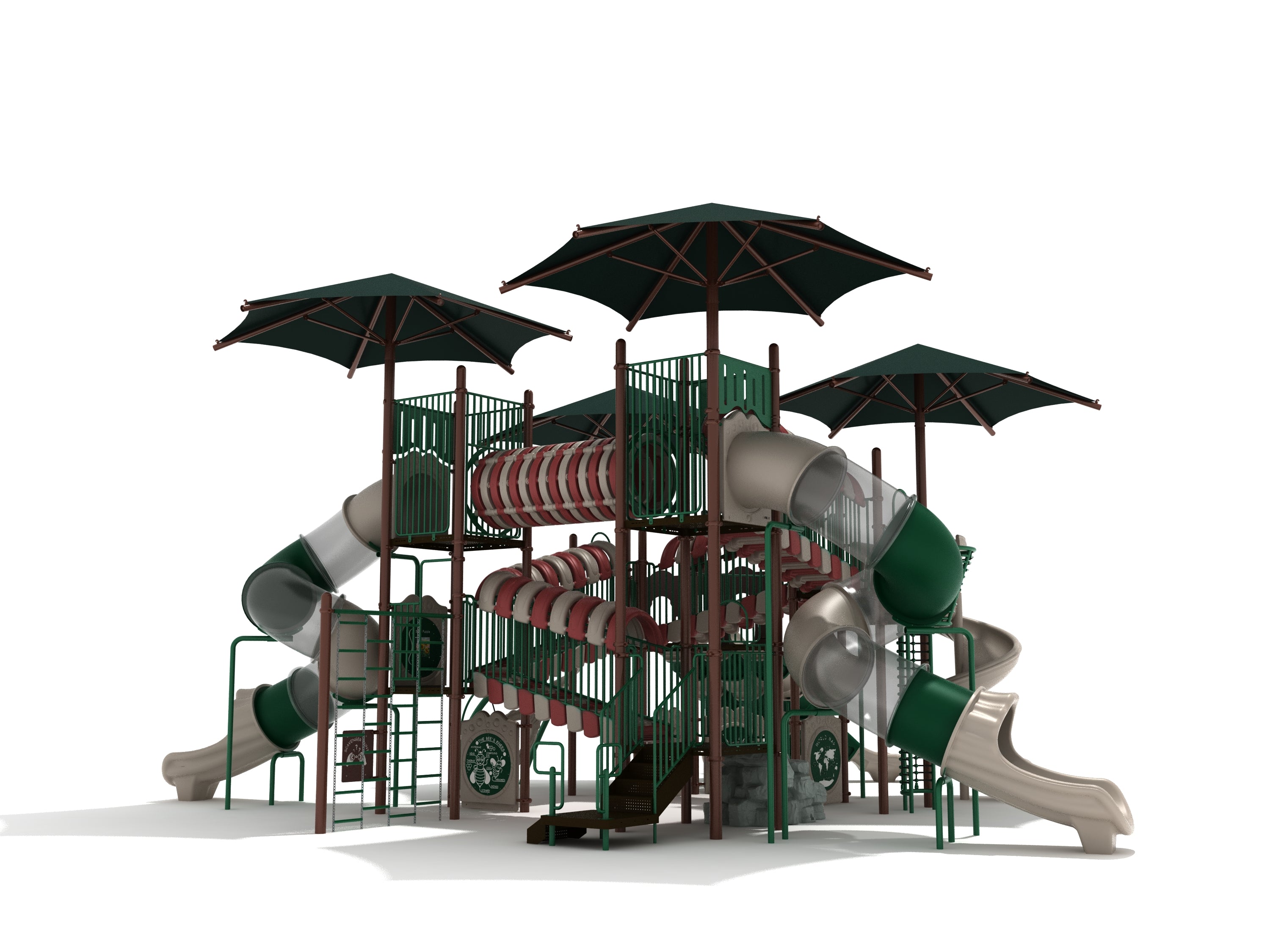 Large commercial playground with curving slides, climbing structures, tunnels, and expansive green shade canopies