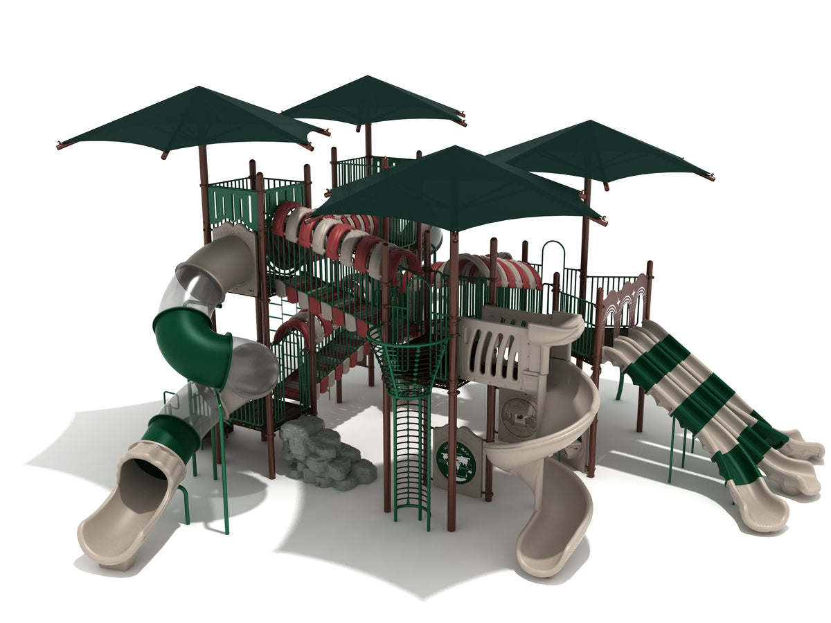 Commercial playground with curving slides, climbing structures, activity panels, and large green shade canopies