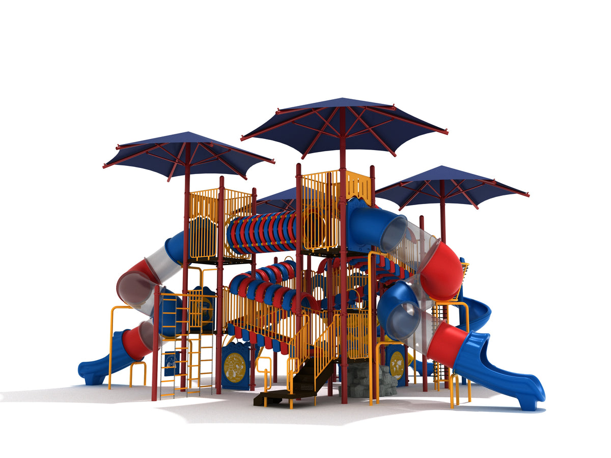Colorful commercial playground with curving slides, climbing structures, tunnels, activity panels, and large blue shade canopies