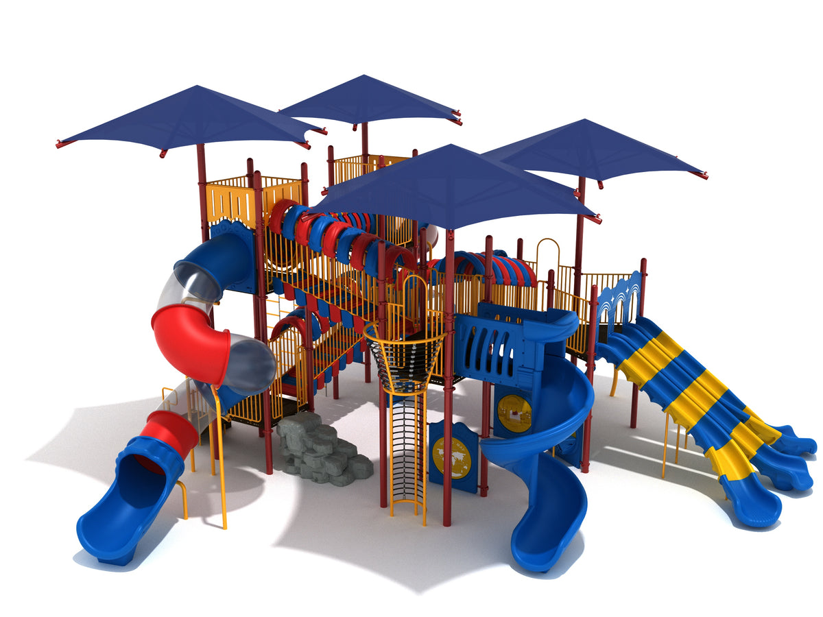 Azure Aurora Playground with blue and yellow slides, red and blue tube slide, climbing structures, and blue shade canopies