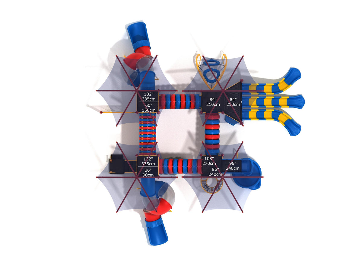Overhead view of a commercial playground with red slides, climbing structures, and blue shade canopies