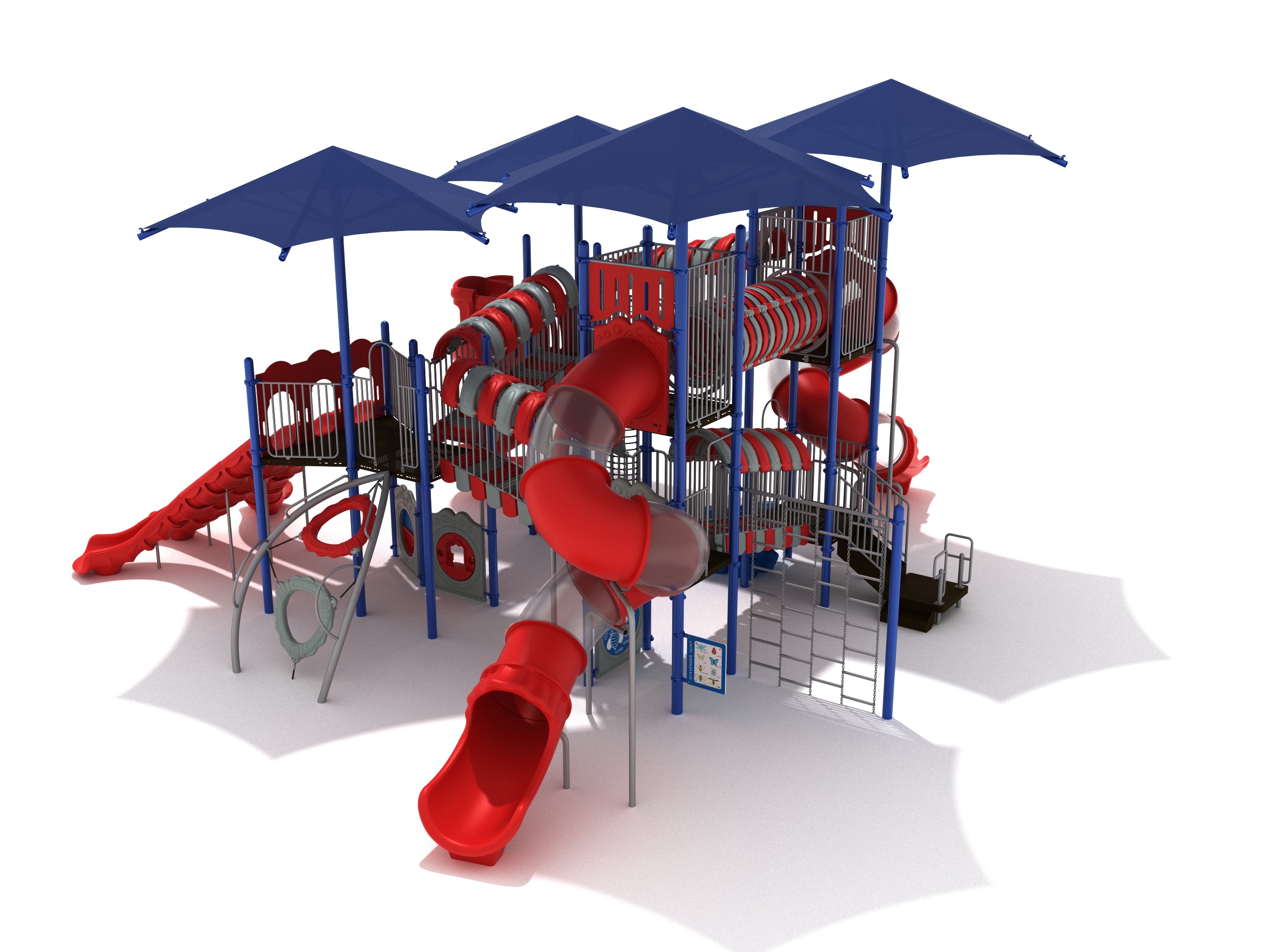 Commercial playground with red slides, blue climbing structures, and integrated blue shade canopies for active, shaded play