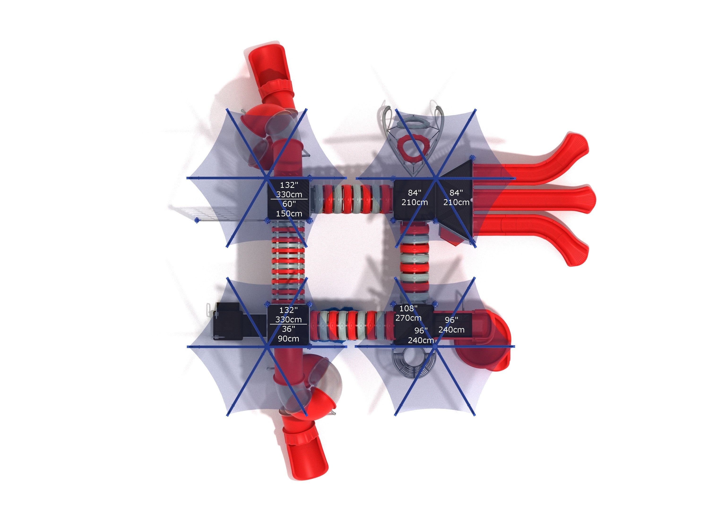 Overhead view of a commercial playground with red slides, climbing structures, and blue shade canopies