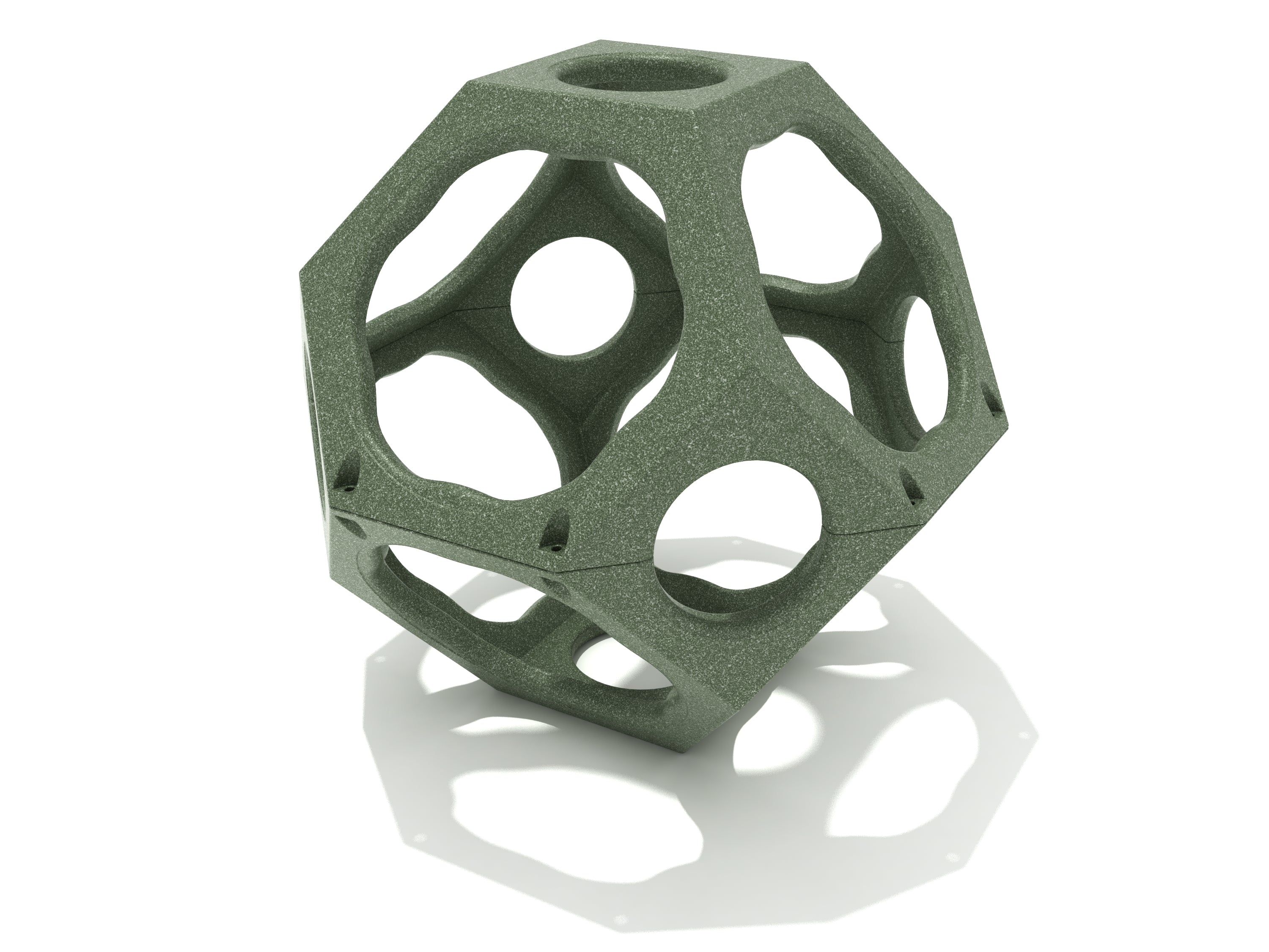 Green geometric climbing cube with circular openings and textured surfaces for playground climbing and crawling