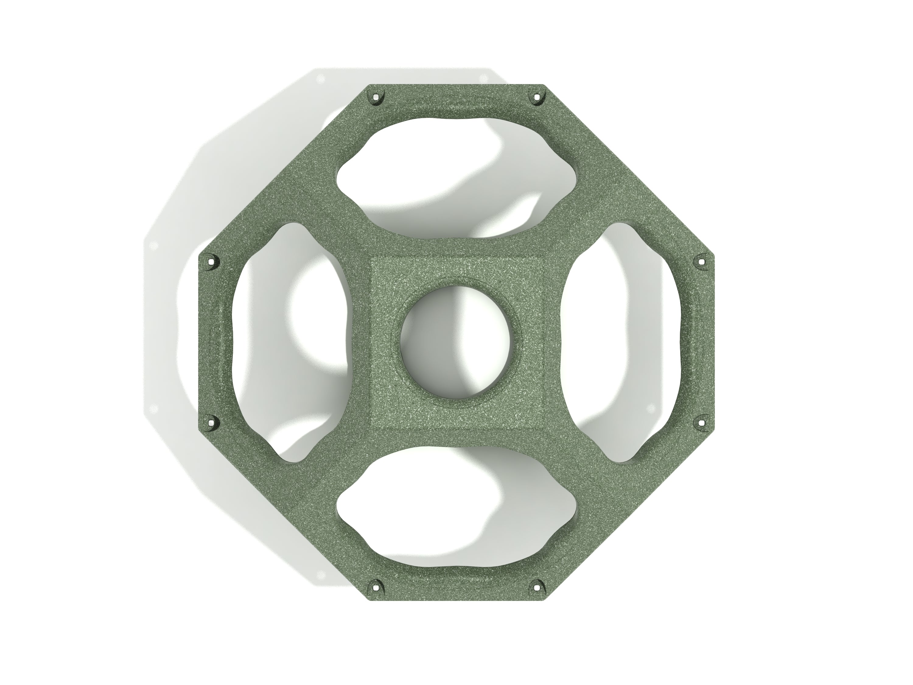 Overhead view of a green geometric climbing cube with open handholds and peek-through windows for active play