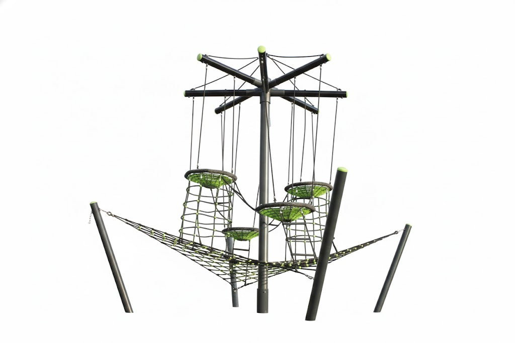Laola Climbing Structure with four suspended green bird's nests, cargo net platform, and black climbing nets for outdoor play
