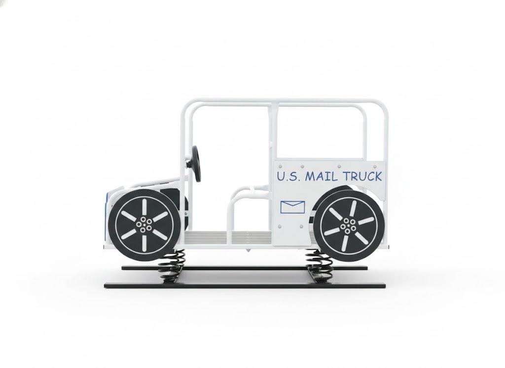 US Mail Multi Passenger Spring Rider playground equipment in white and black mail truck design with steering wheels and sturdy springs for outdoor play