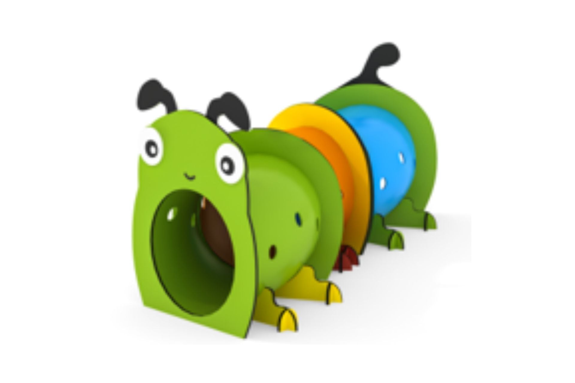 Colorful segmented children's crawl tunnel shaped like a playful caterpillar with large eyes and antennae