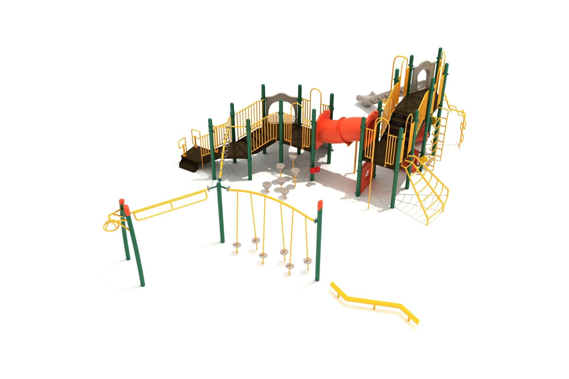 Large outdoor playground structure with slides, climbing ladders, tube bridge, hanging and balancing play elements