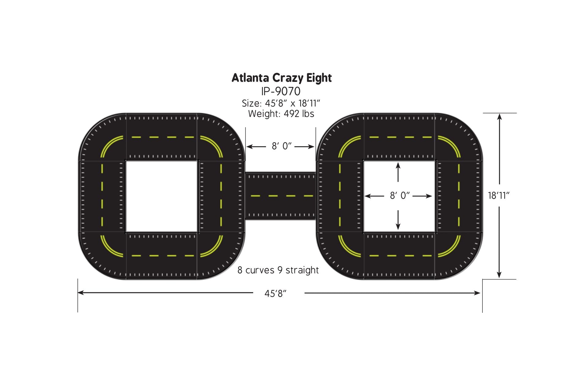 Overhead view of a black figure-eight trike path with yellow dashed lines and smooth curves for outdoor play areas