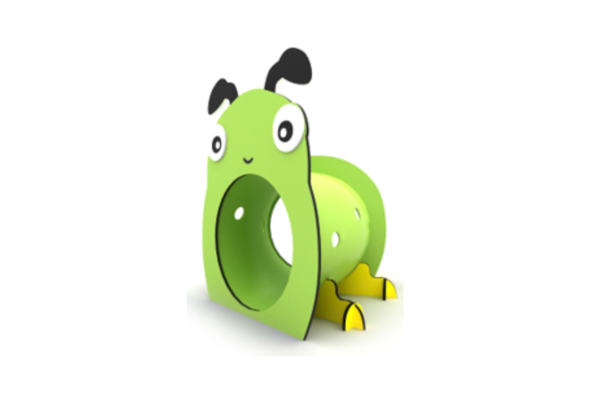 Green caterpillar-shaped children's crawl tunnel with large eyes, black antennae, and yellow feet