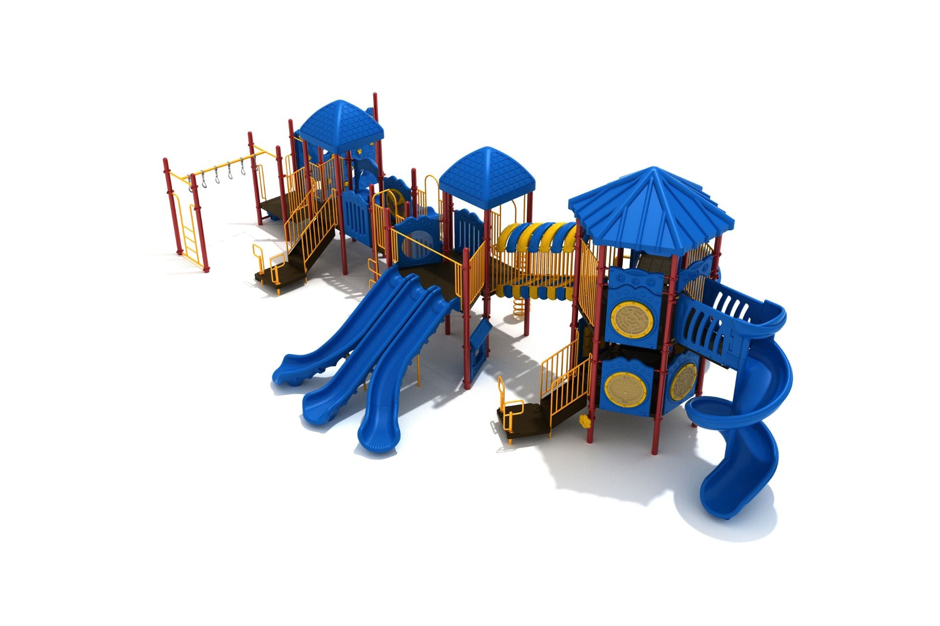 Large linear playground structure with multiple blue slides, climbing elements, and yellow railings.