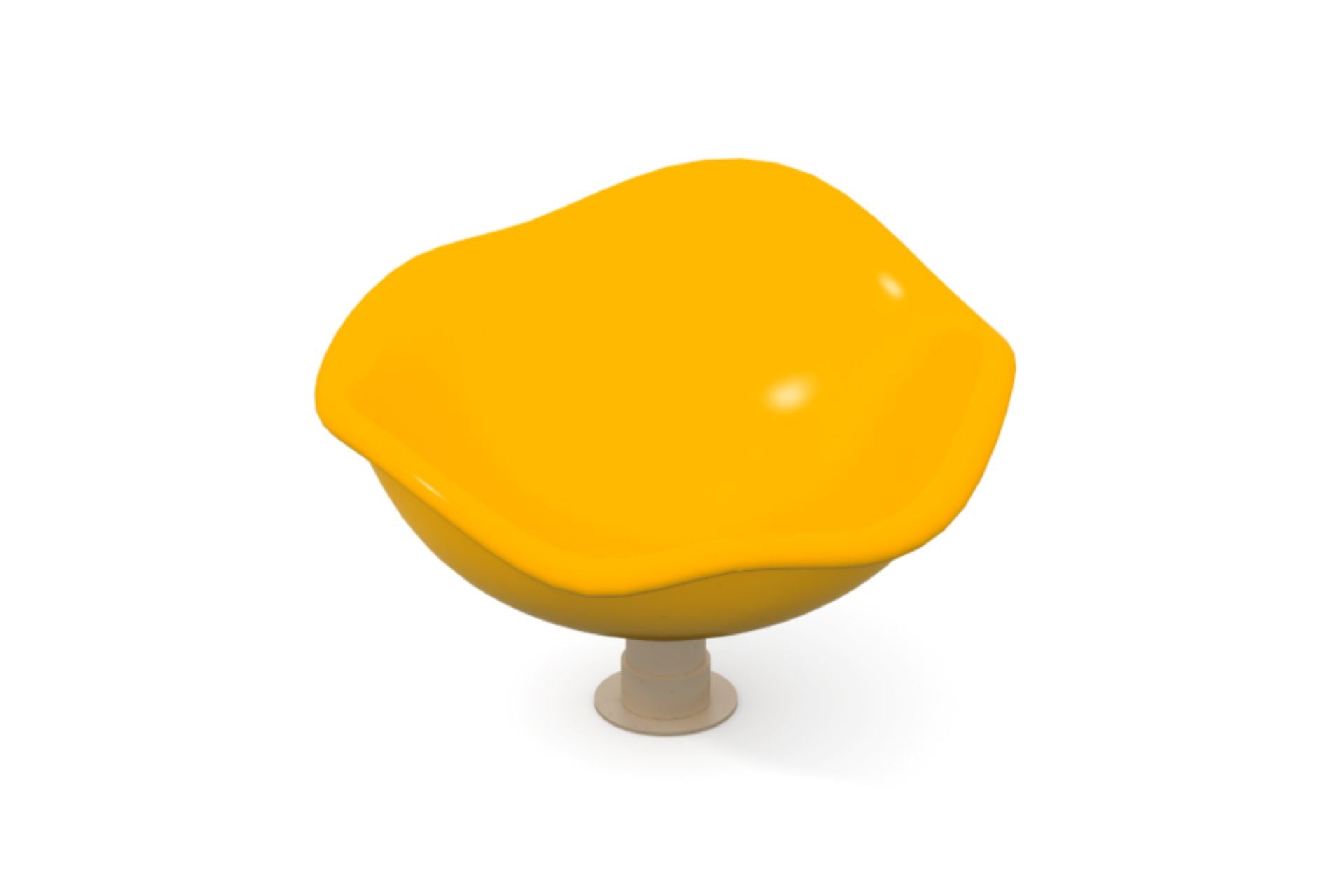 Bright yellow lotus-shaped playground spinner with smooth curved seat and central support post