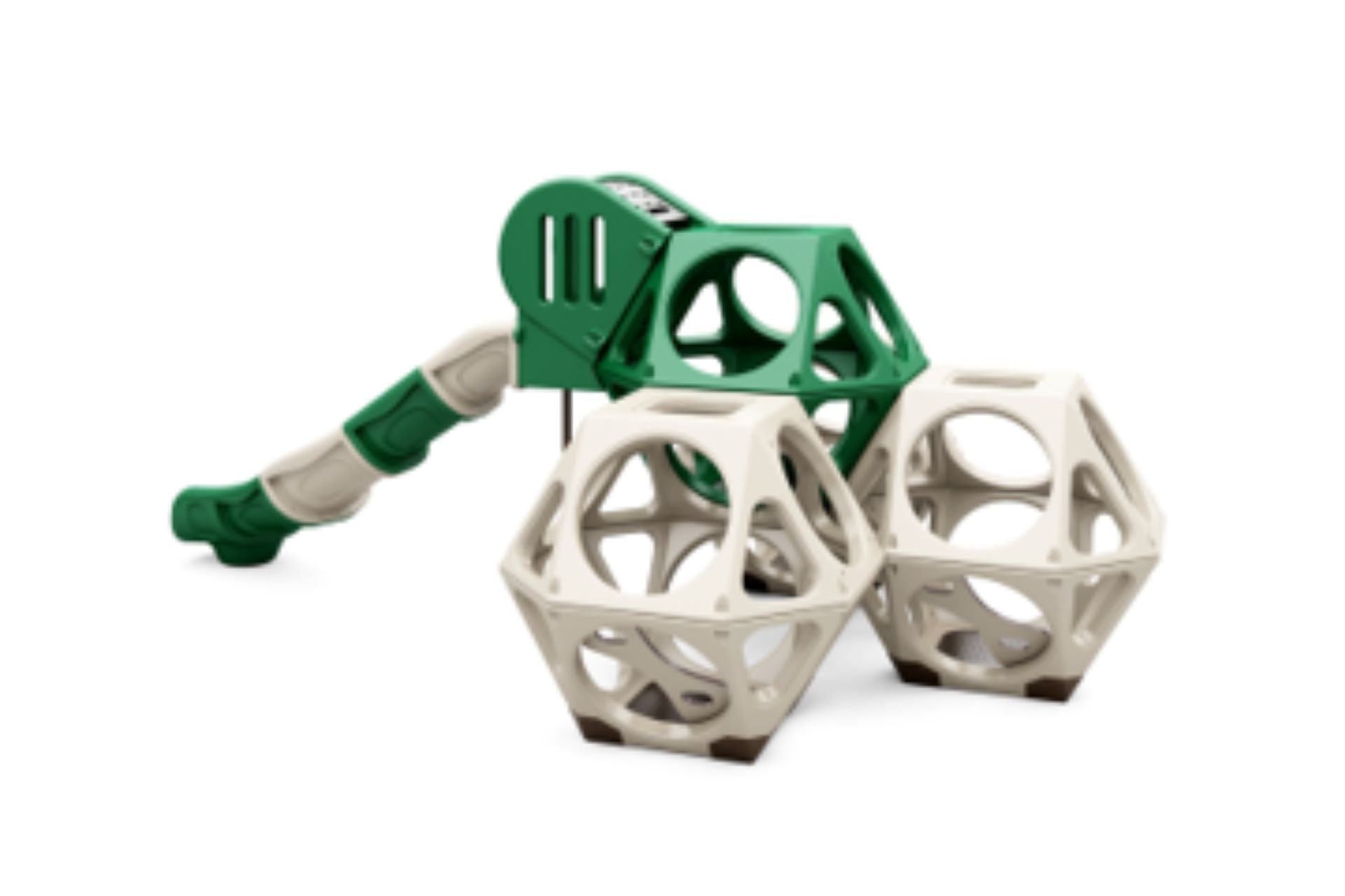 Stackable tan and green geometric climbing cubes with an attached green and tan slide for outdoor play