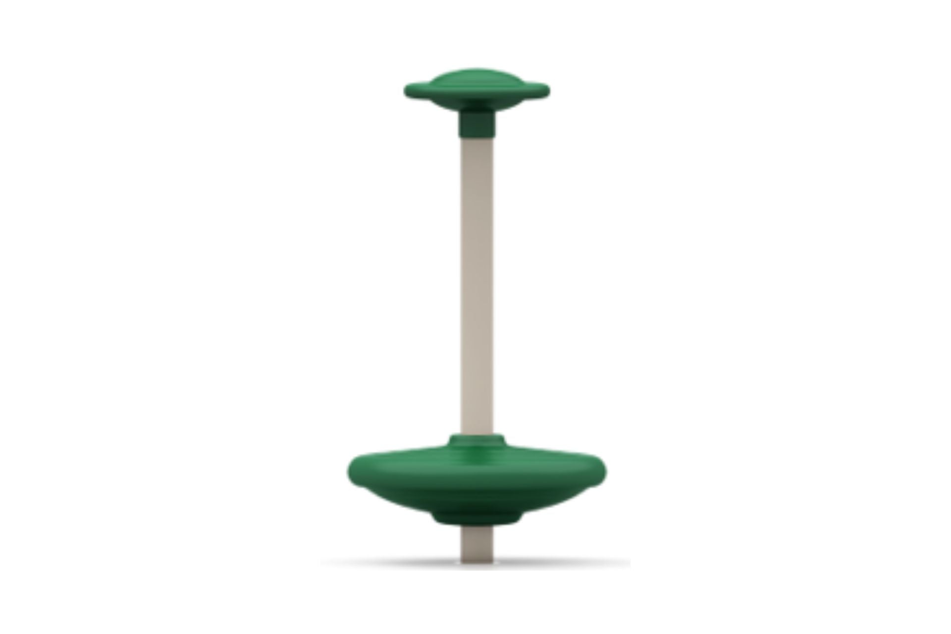 Green circular playground spinner with top handle on vertical beige pole for solo spinning fun and balance development