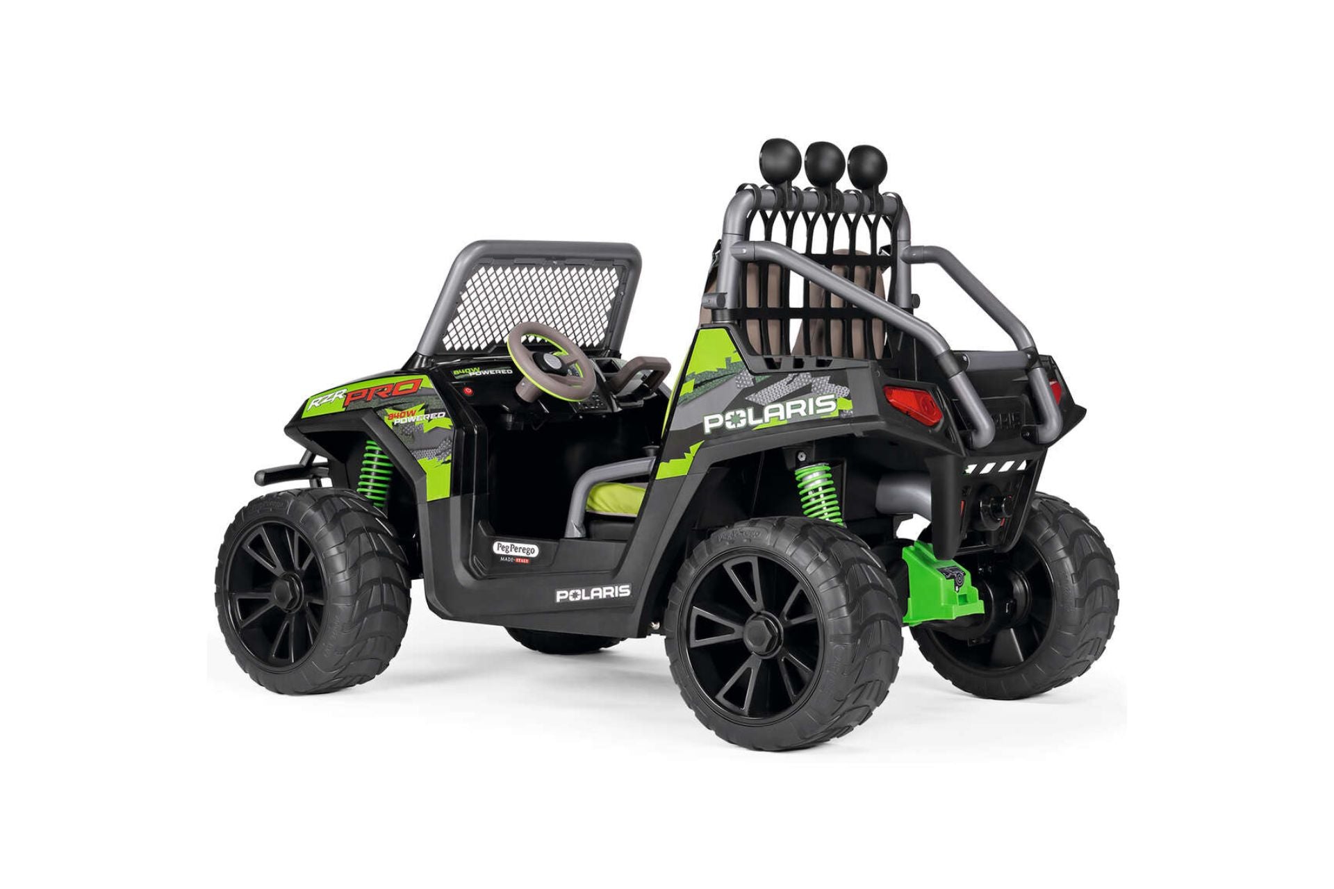 Black and green two-seater off-road ride-on vehicle with rugged tires, safety netting, and detailed dashboard controls including LED lights and horn