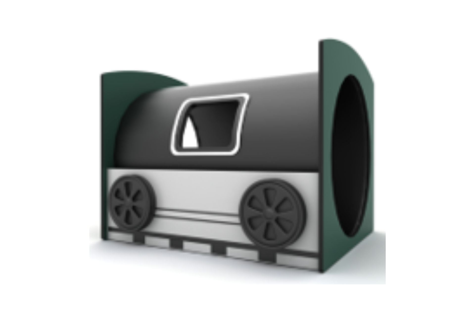 Black and gray children's play tunnel shaped like a train carriage with wheels and a window for crawling and imaginative play