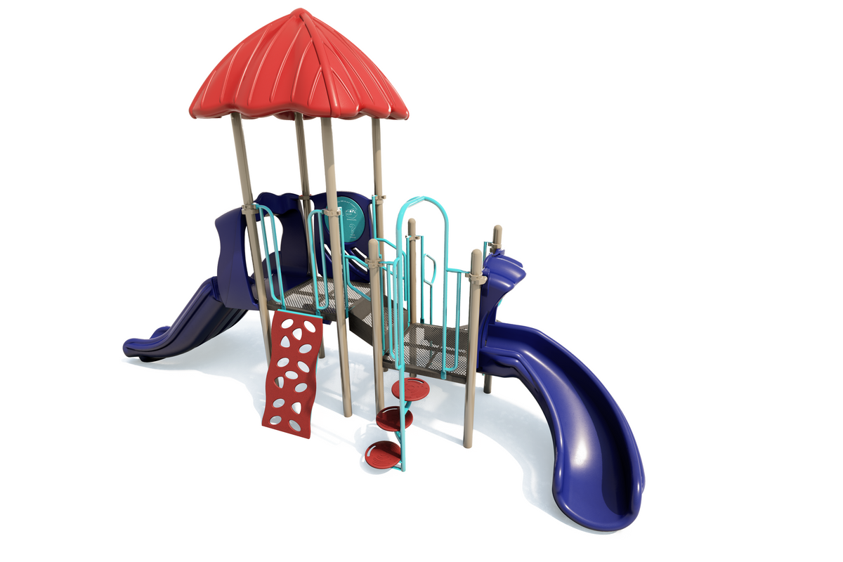 Compact playground with red canopy, two blue slides, climbing wall, spiral steps, and sensory play panel.