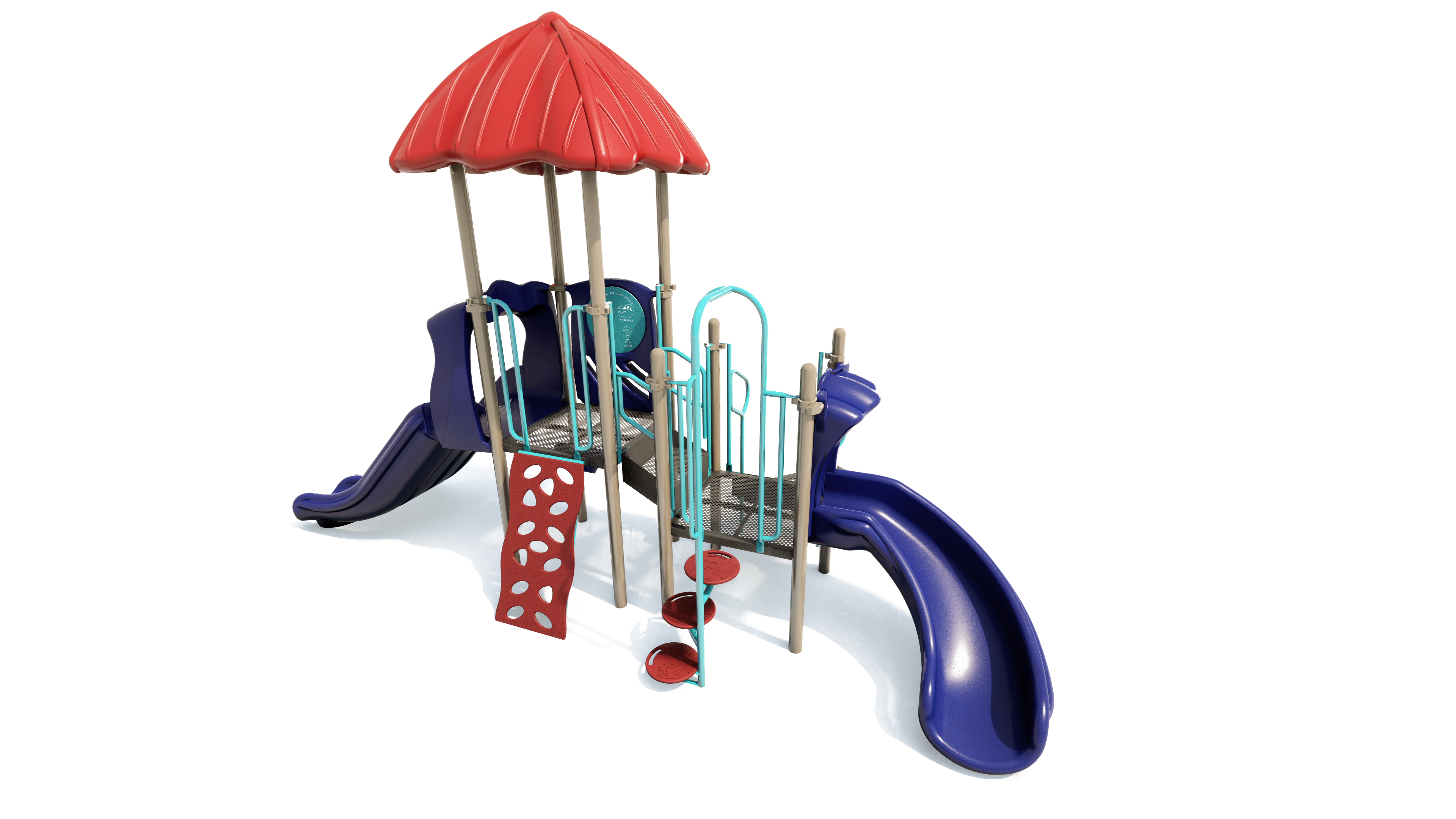 Compact playground with red canopy, two blue slides, climbing wall, spiral steps, and sensory play panel.