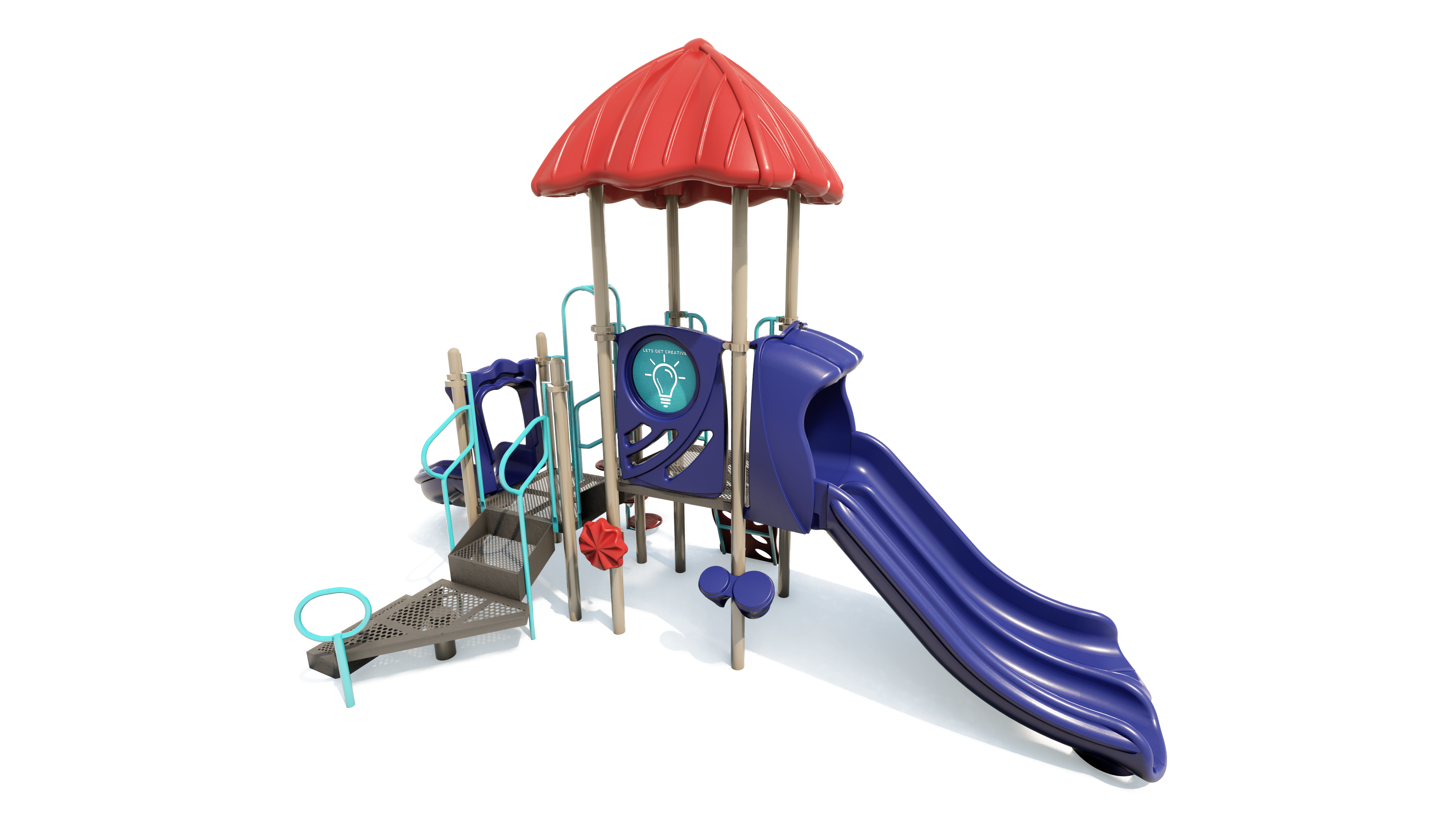 Compact playground with red canopy, blue double slide, climbing steps, sensory panel, and interactive play features.