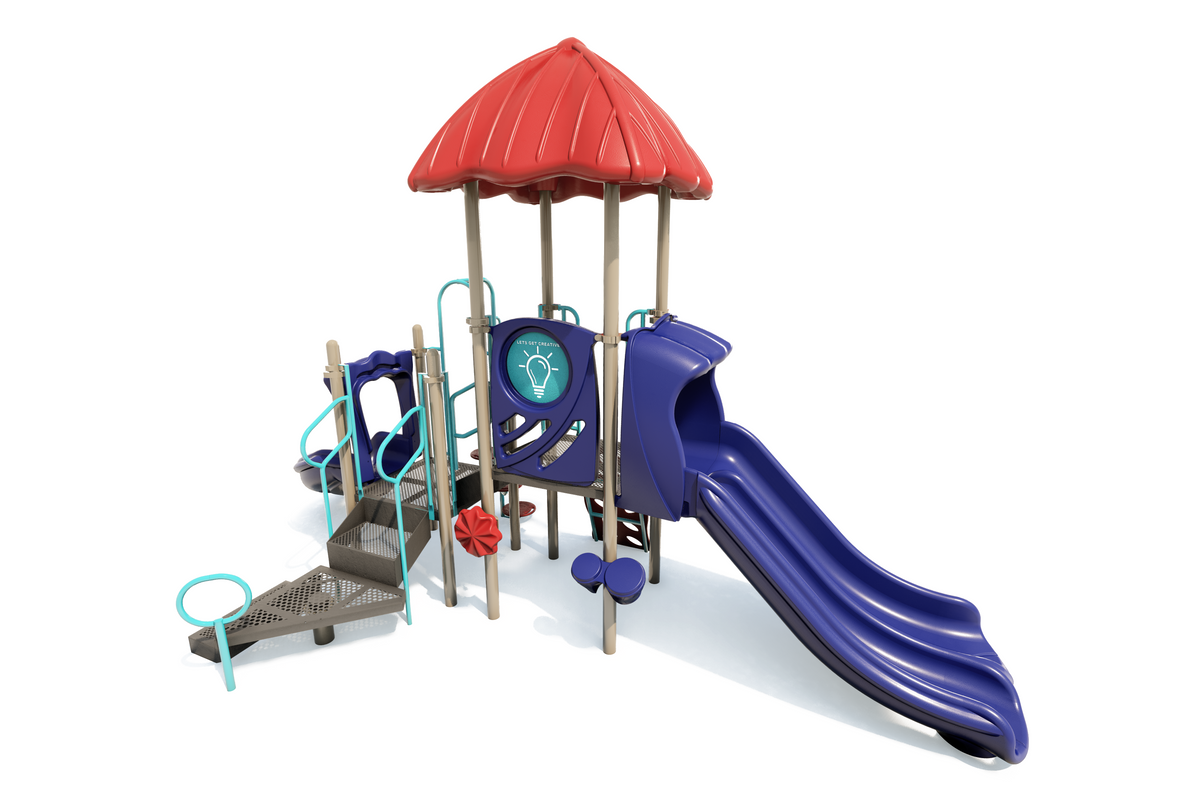 Compact playground with red canopy, blue double slide, climbing steps, sensory panel, and interactive play features.