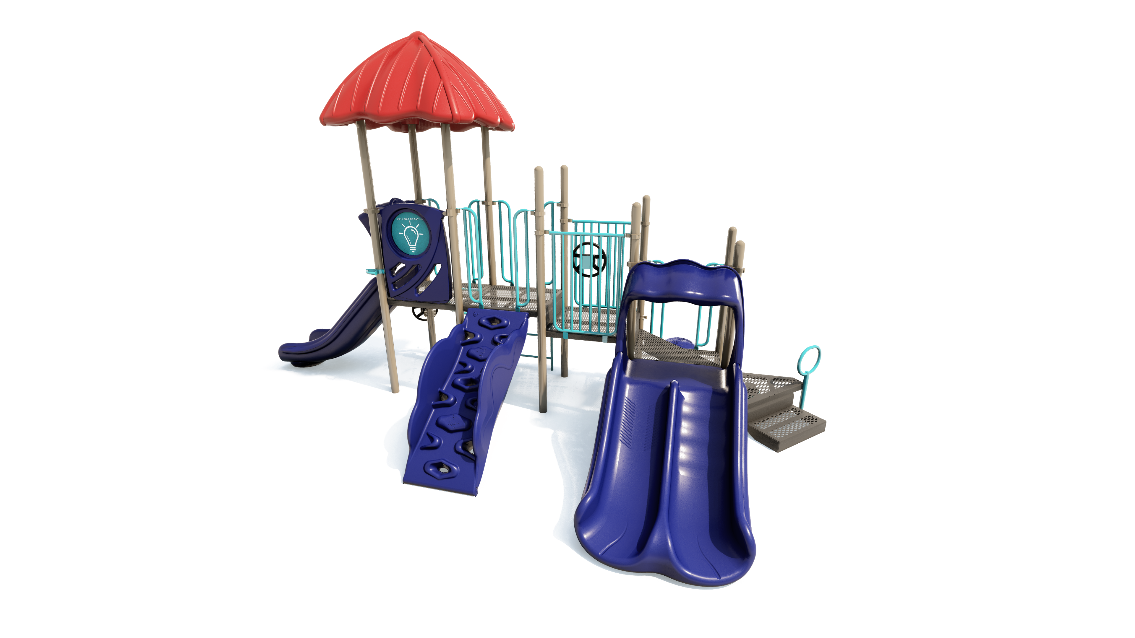 Colorful playground structure with dual blue slides, climbing wall, red canopy roof, and turquoise railings