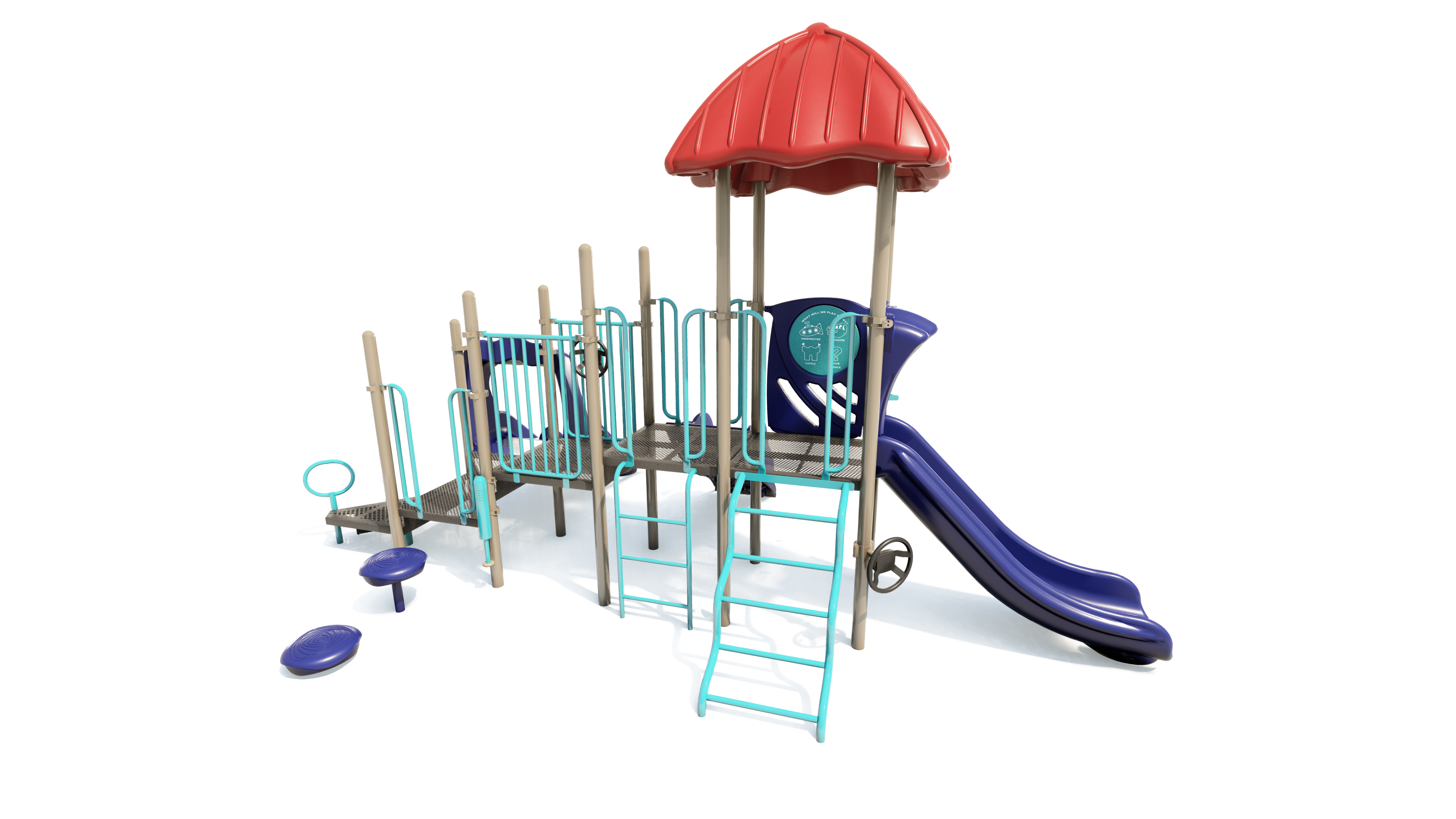 Colorful playground structure with red canopy, blue slide, turquoise climbing ladders, and interactive play panels
