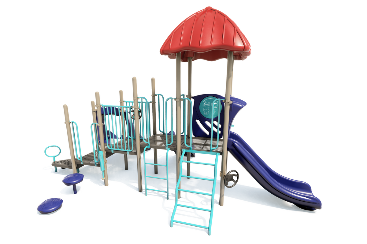 Colorful playground structure with red canopy, blue slide, turquoise climbing ladders, and interactive play panels