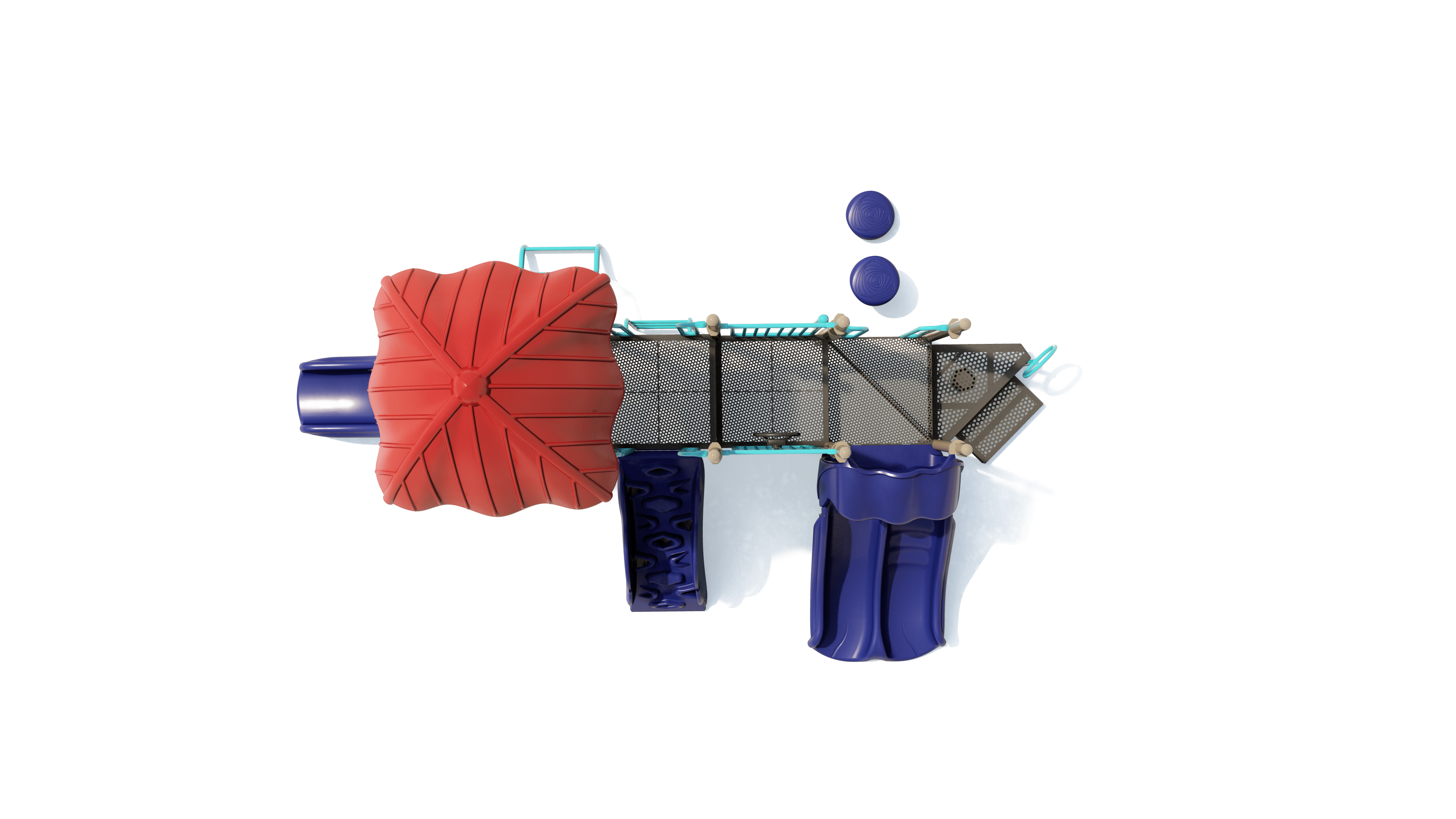 Overhead view of colorful playground with red canopy, blue slides, climbing features, and sensory play elements