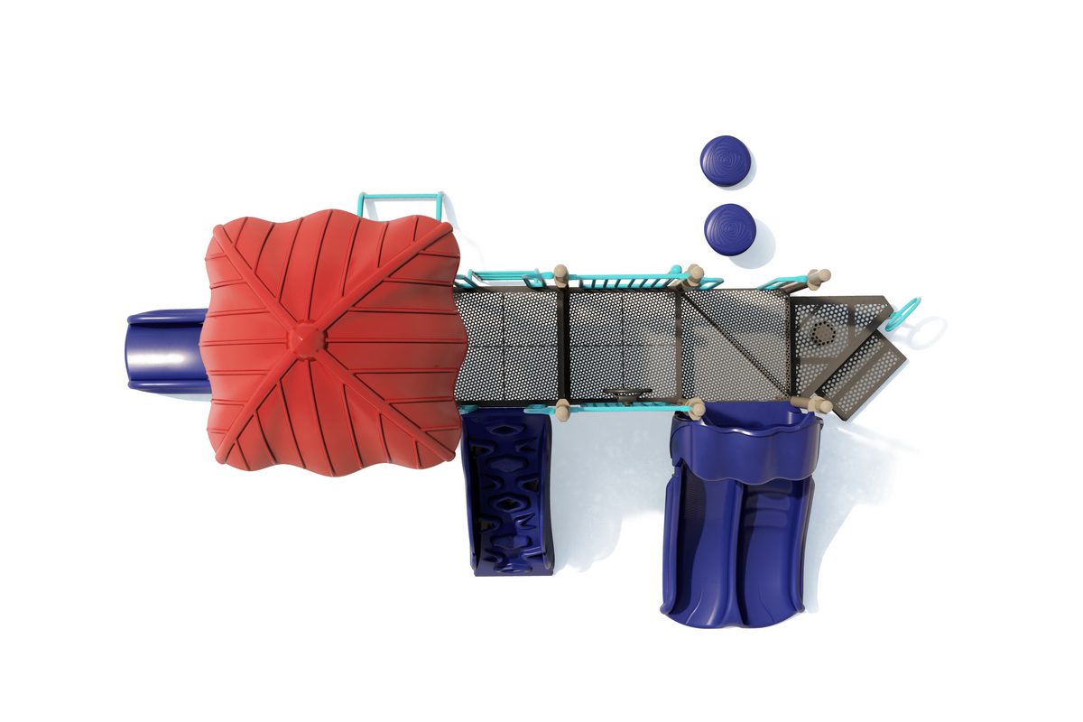 Overhead view of colorful playground with red canopy, blue slides, climbing features, and sensory play elements