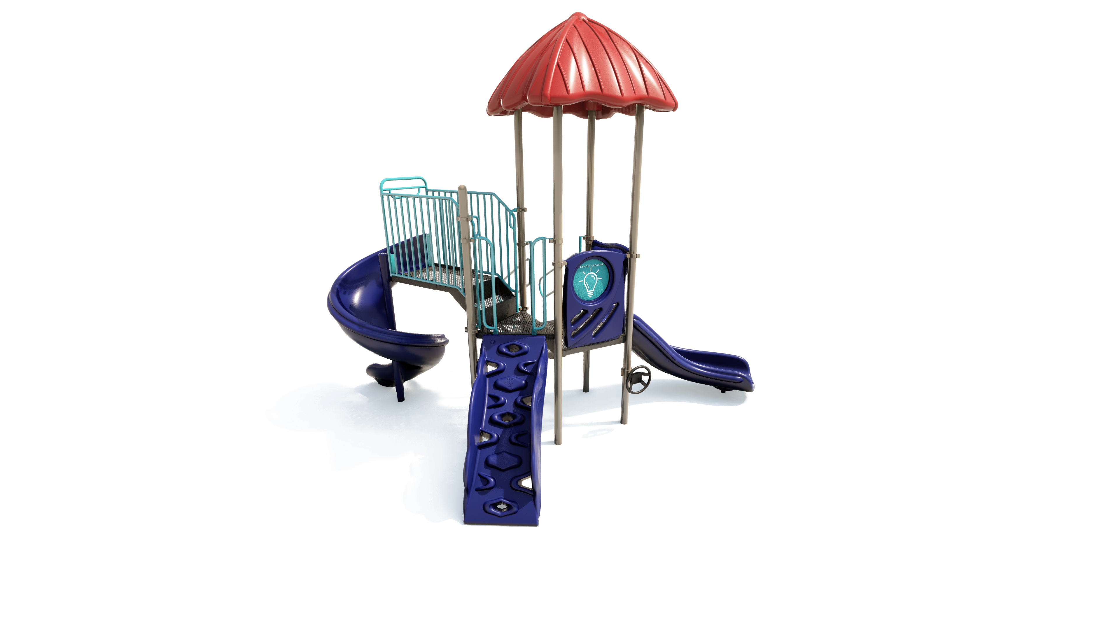 Compact playground structure with red roof, blue slides, climbing wall, and teal safety rails designed for active children's play.