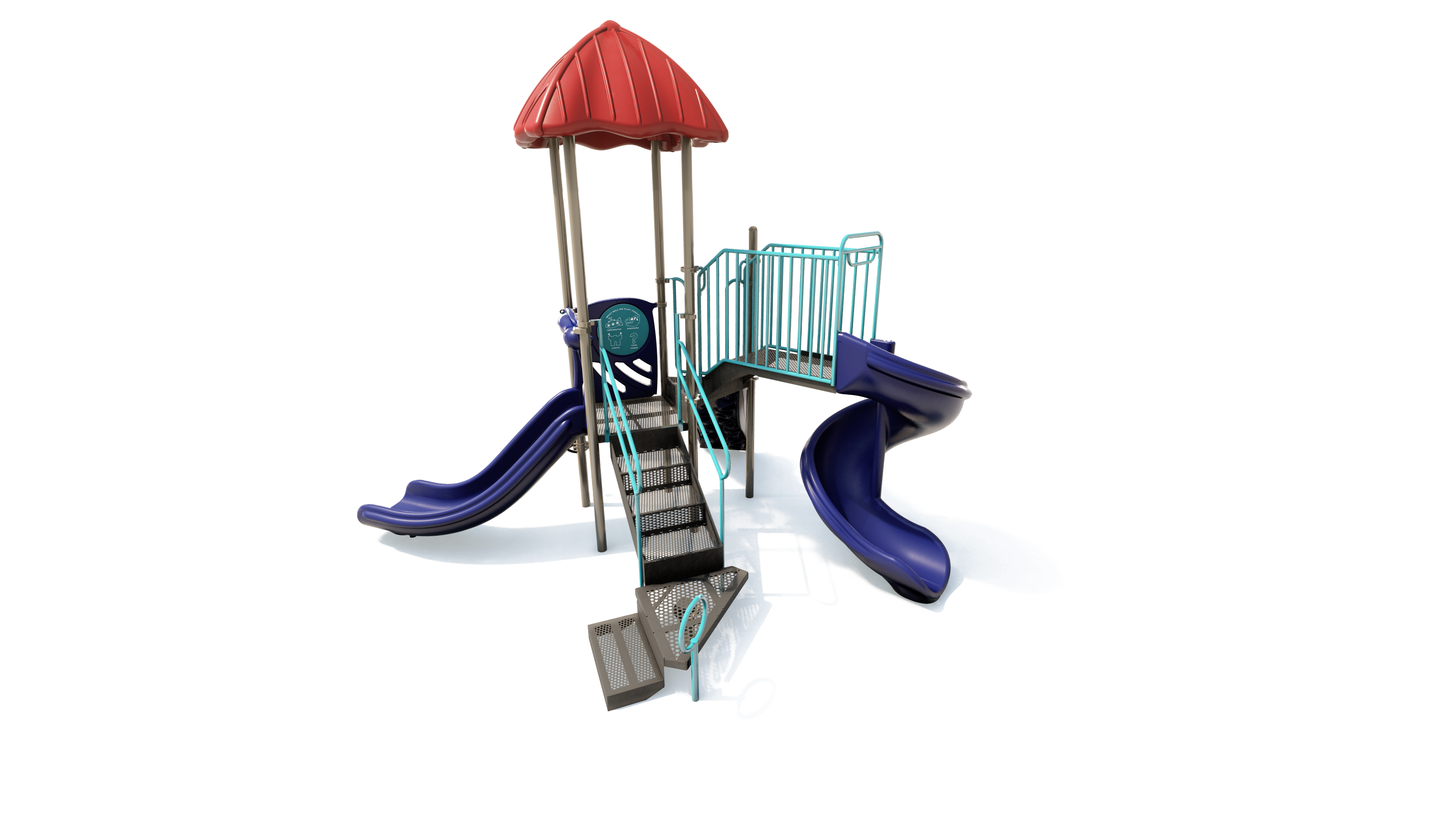 Playground structure with red roof, blue slides, turquoise railings, stairs, and spiral slide