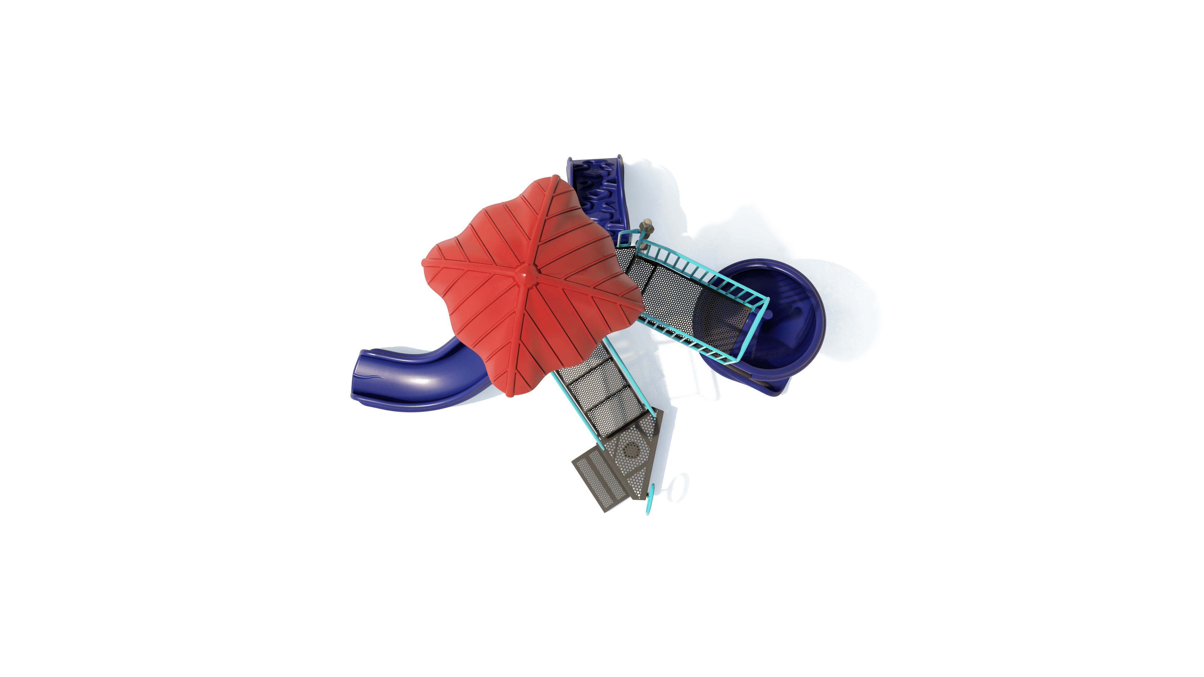Overhead view of a colorful playground with a red roof, blue slides, and turquoise railings