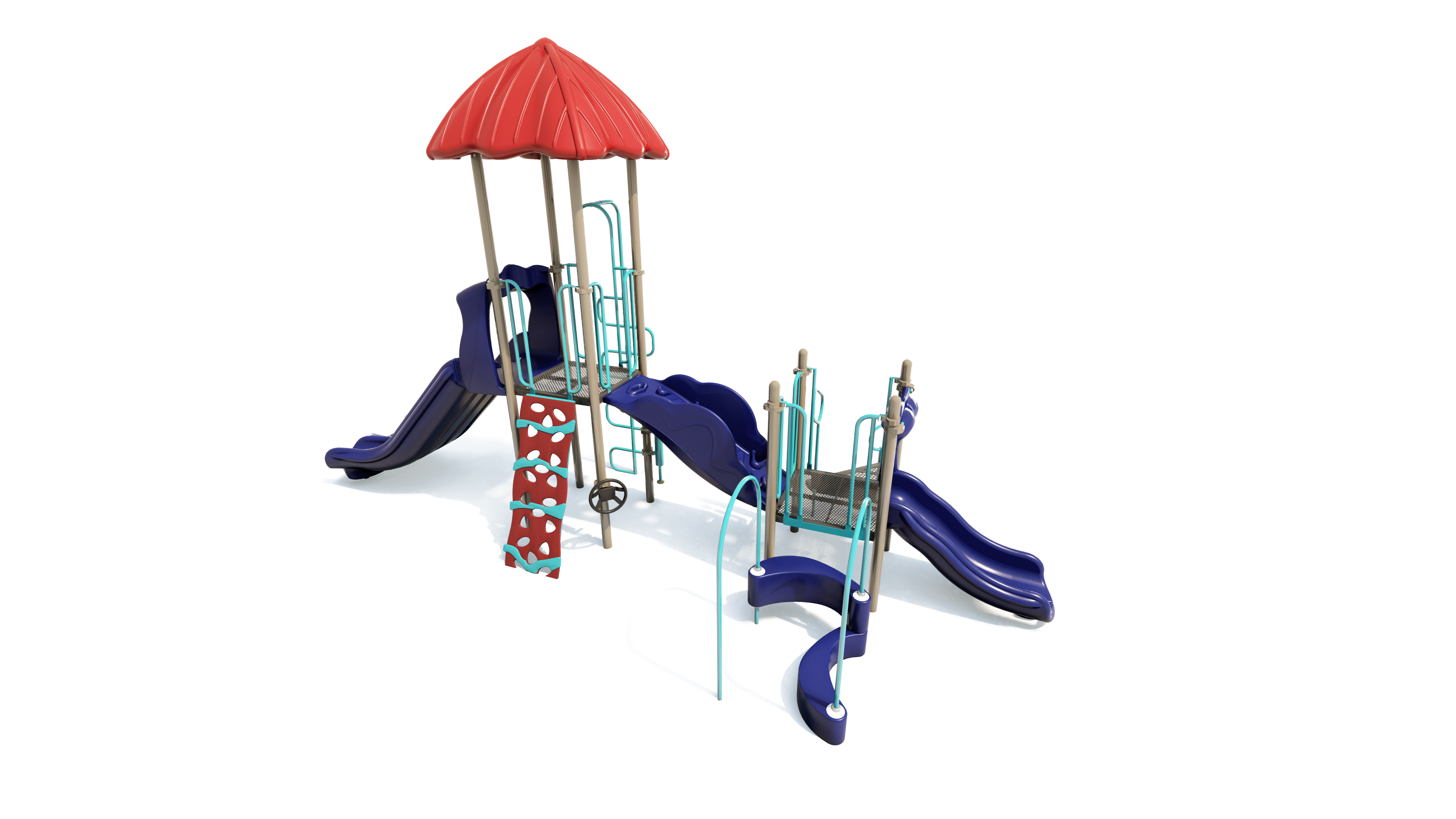 Colorful playground structure with red roof, blue slides, climbing wall, and curved climbing bars