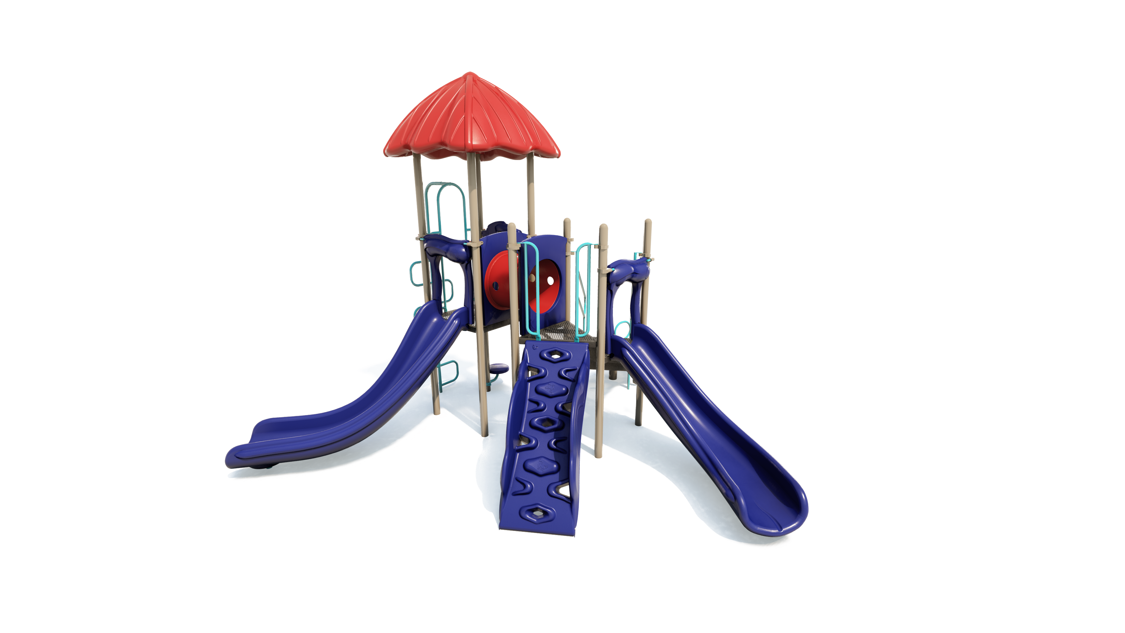 Compact playground structure with two blue slides, climbing wall, red roof, and tunnel panel for active play