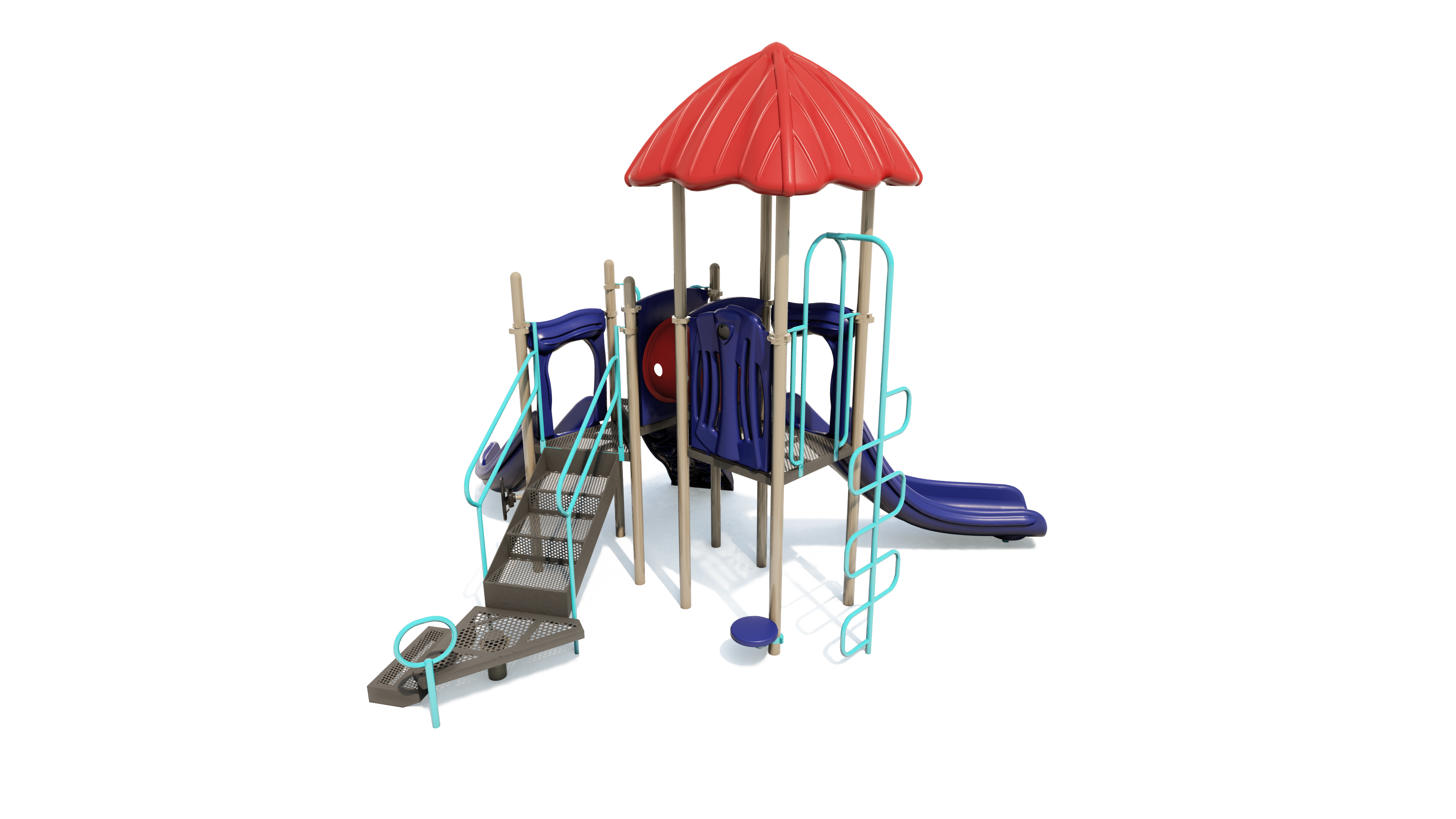 Compact playground structure with red peaked roof, blue slides, tan posts, turquoise climbing elements, and sensory play features.