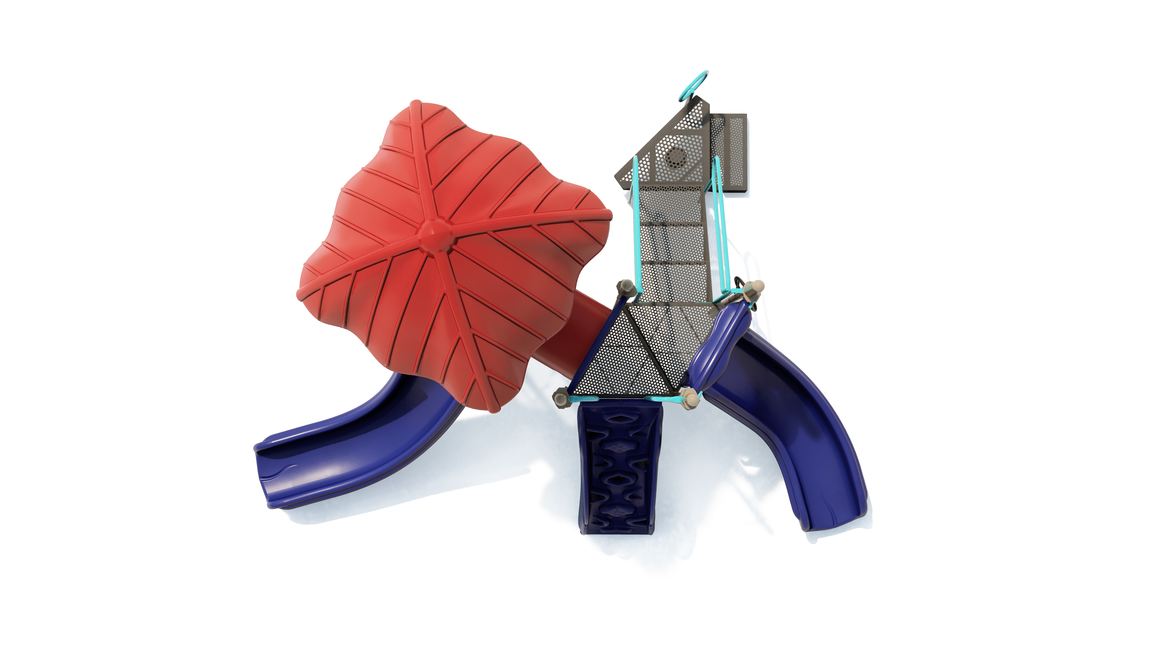 Overhead view of a playground with a red leaf-shaped roof, two blue slides, climbing elements, and sensory play features