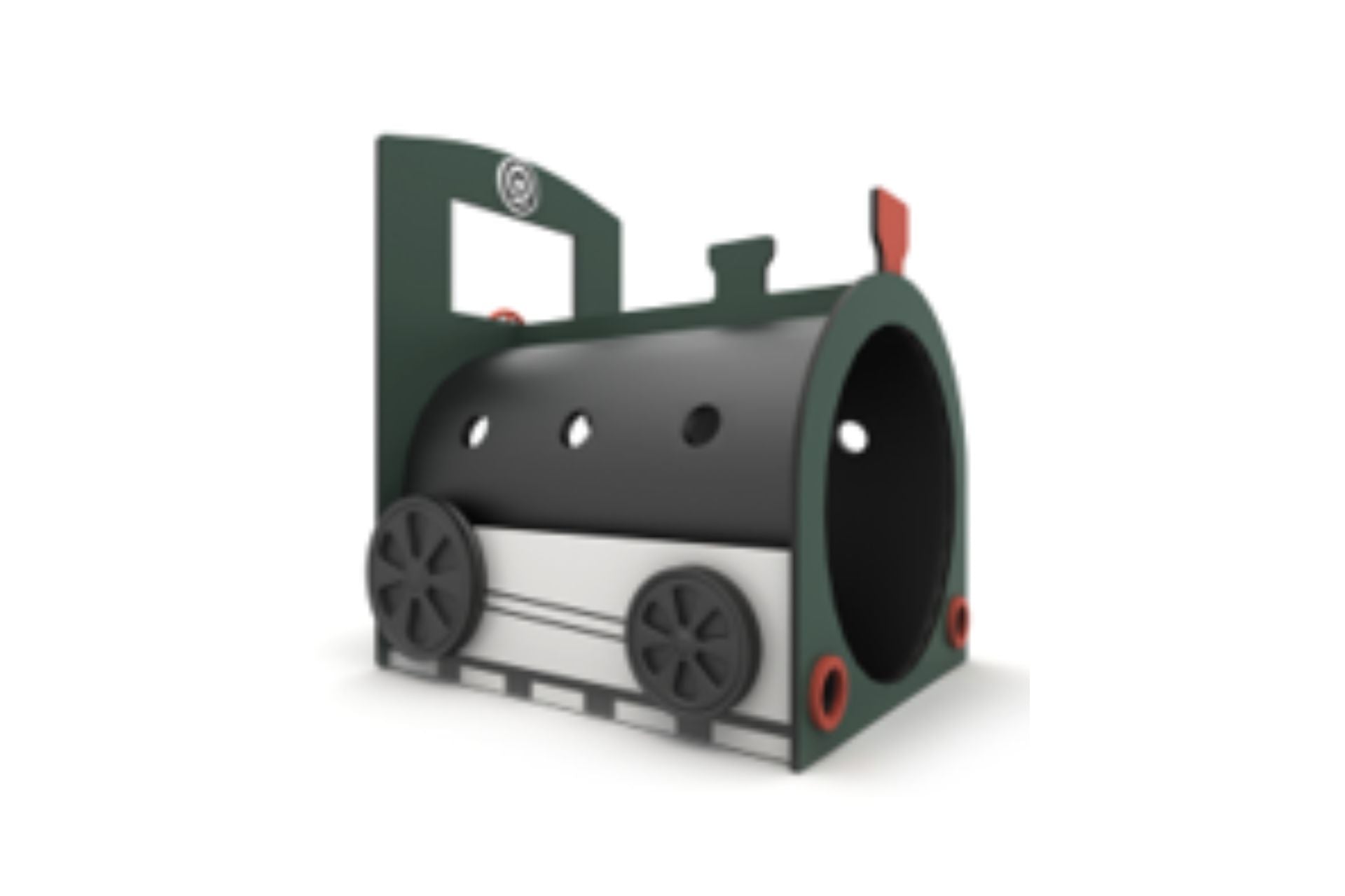 Green and black train-shaped crawl tunnel with circular windows and large wheels for imaginative play