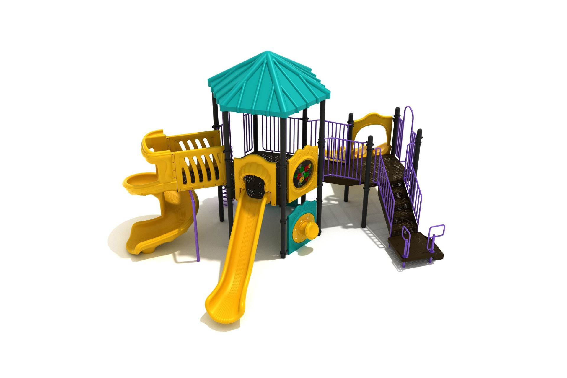Elevated hexagonal pavilion playground with yellow straight and spiral slides, purple railings, and interactive play panels including gear, drum, and store panels