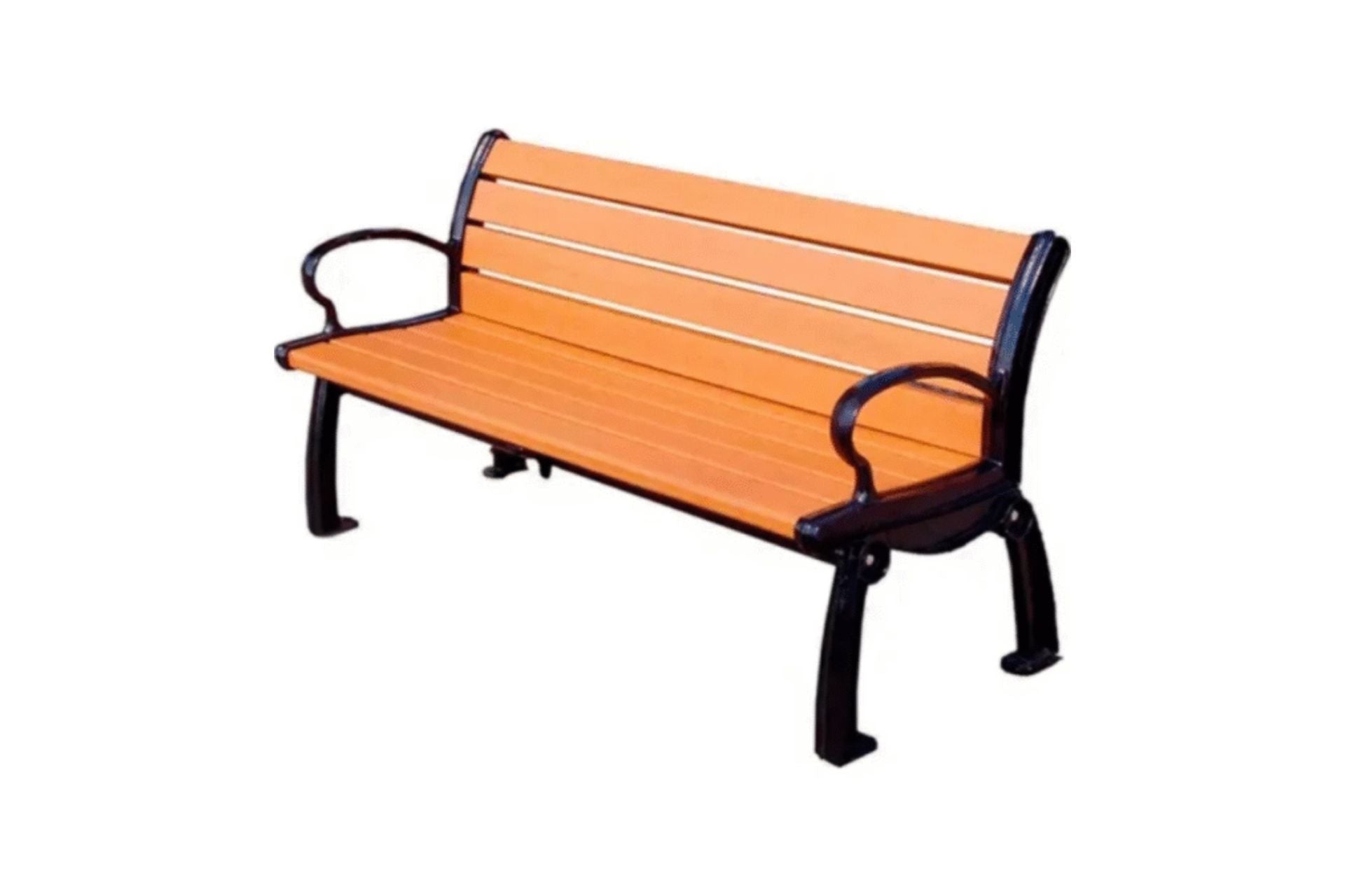 Recycled Plastic bench with black metal armrests and legs on a white background
